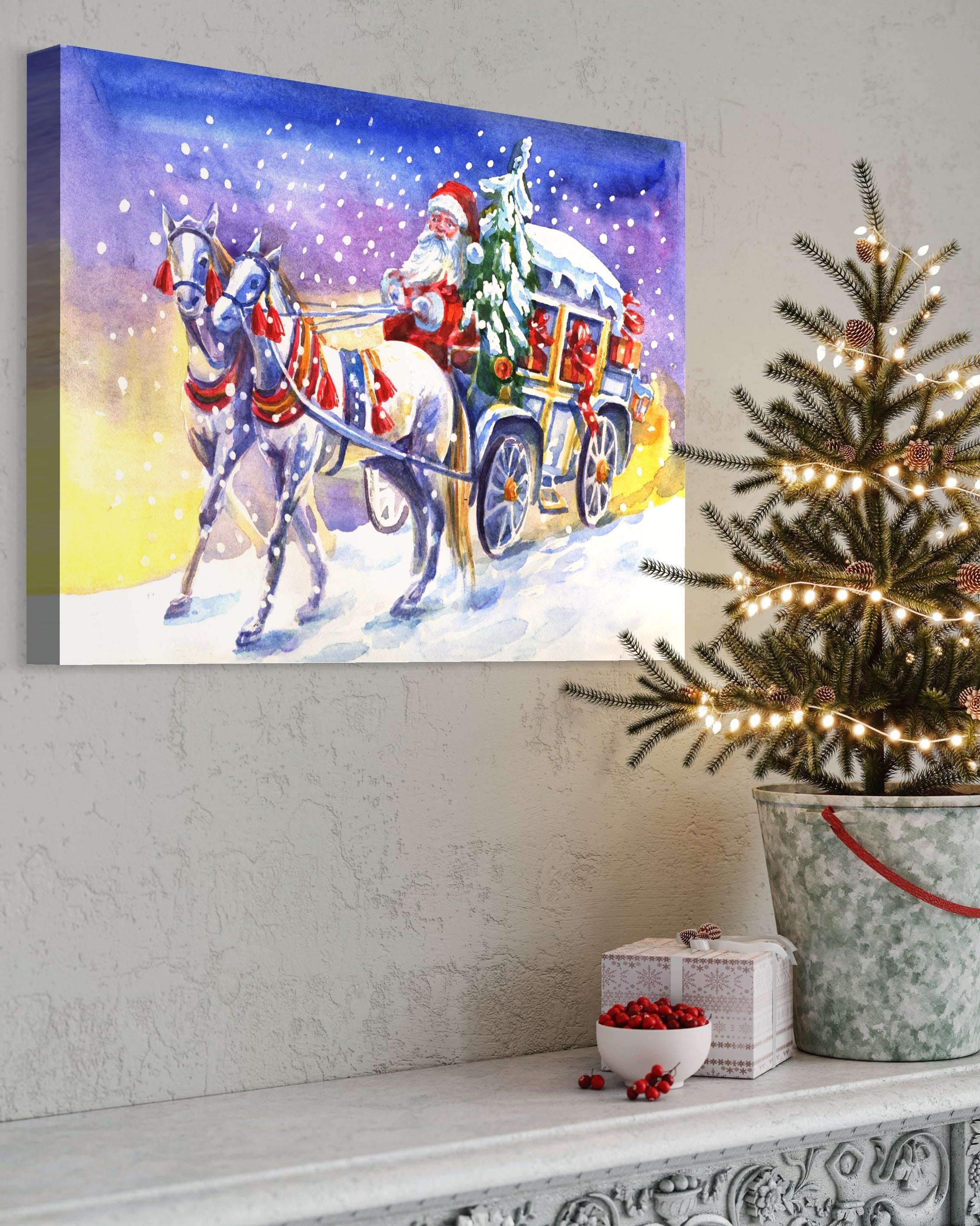 Tablou Canvas Premium LuxCanva® A1249, Mos Craciun , Decorativ, Living, Cai, Trasura, Brad, Zapada, Fulgi De Nea, Dormitor, Culori Vibrante