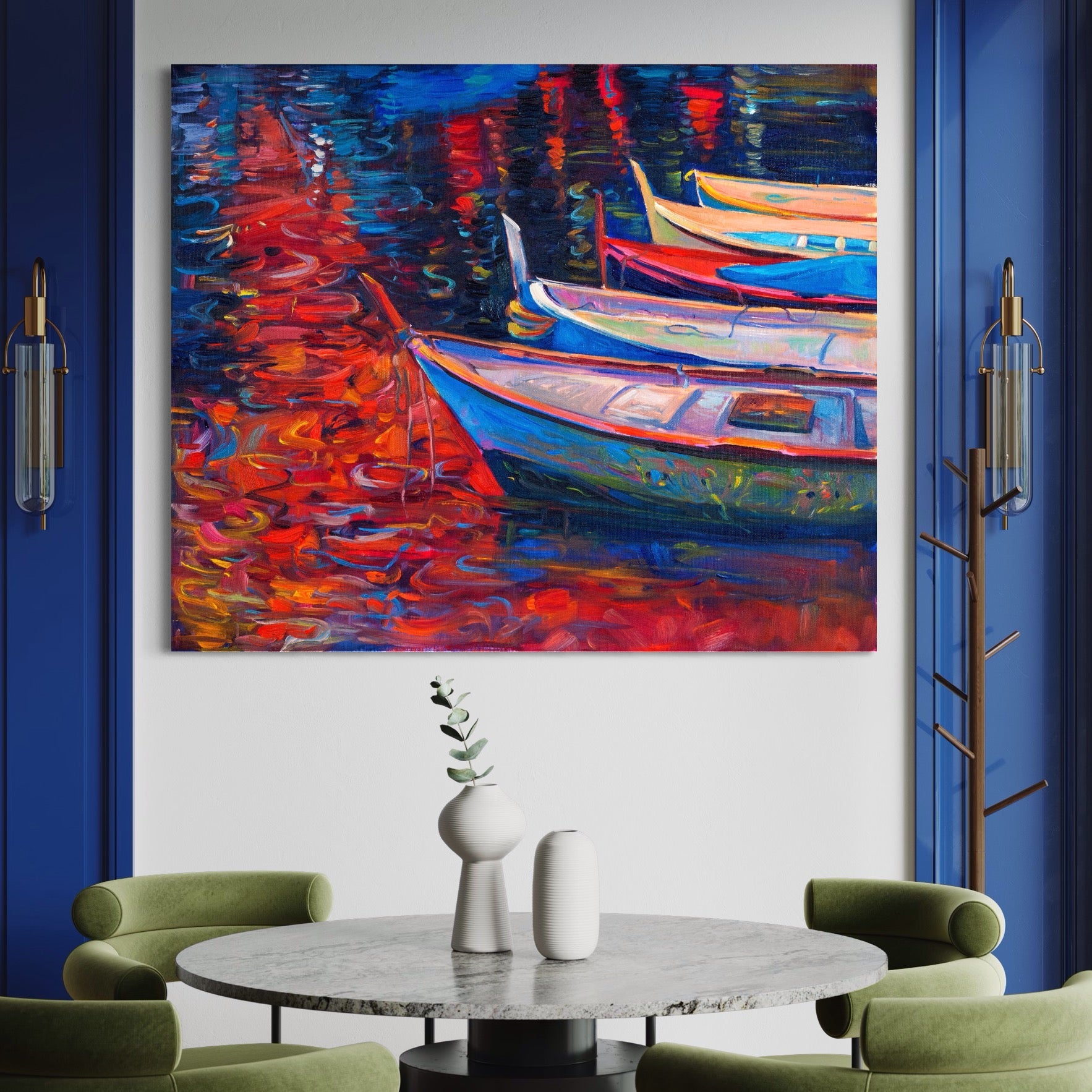 Tablou Canvas Premium LuxCanva® A1248, Barci Colorate , Decorativ, Living, Barca, Mare, Apa, Apus, Port, Dormitor, Culori Vibrante