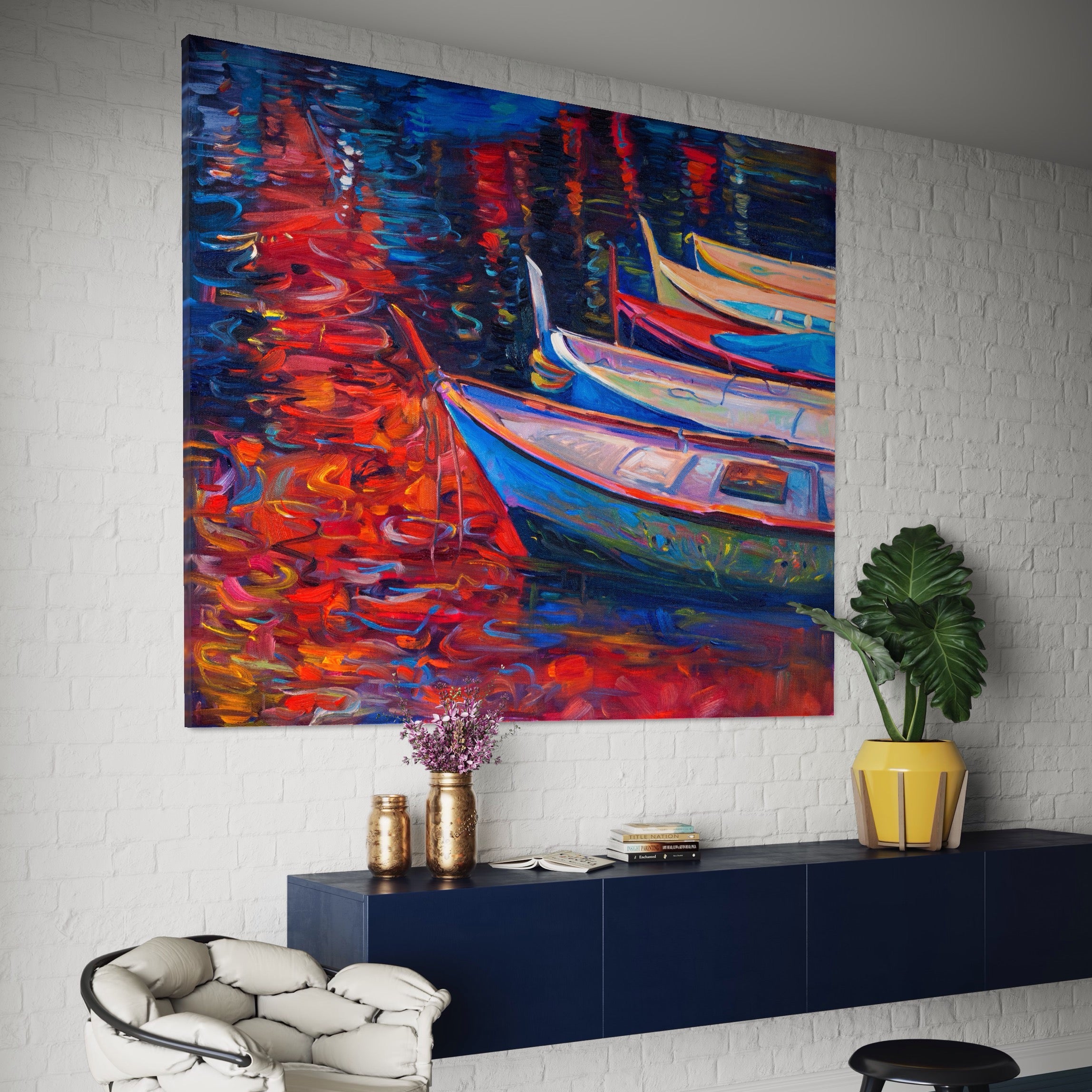 Tablou Canvas Premium LuxCanva® A1248, Barci Colorate , Decorativ, Living, Barca, Mare, Apa, Apus, Port, Dormitor, Culori Vibrante