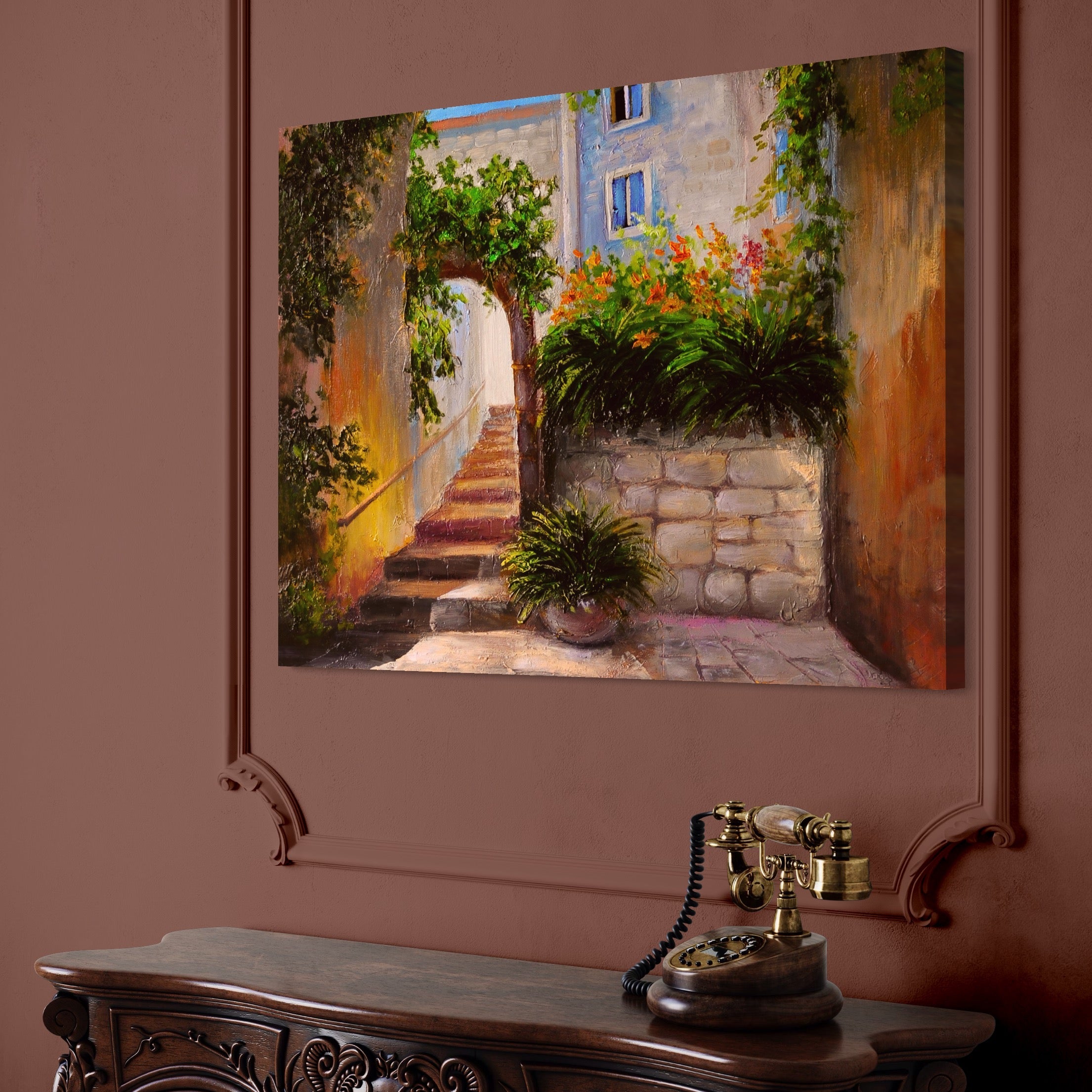 Tablou Canvas Premium LuxCanva® A1247, Ziduri Cu Flori , Decorativ, Living, Flori Colorate, Arcada, Scari, Vara, Dormitor, Culori Vibrante