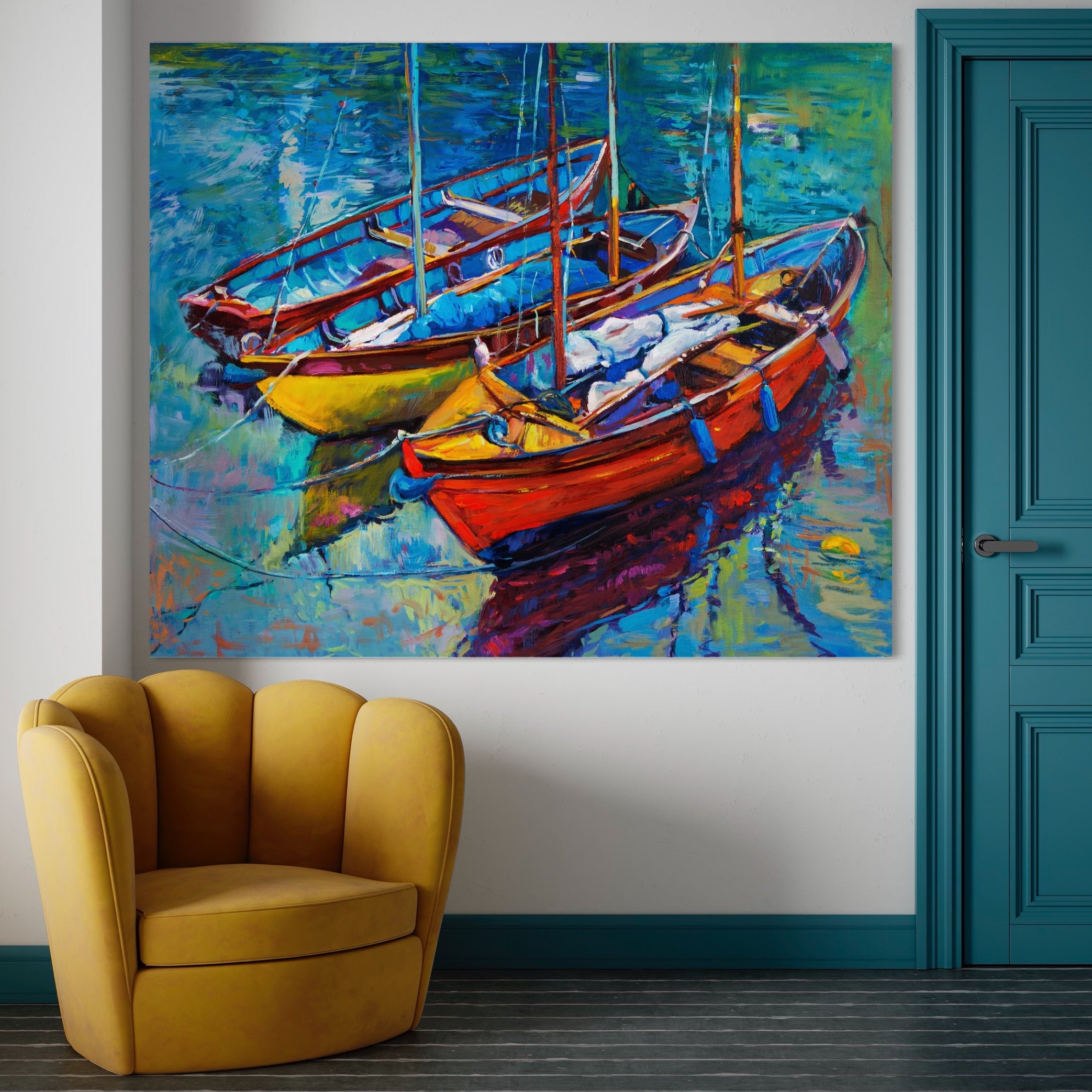 Tablou Canvas Premium LuxCanva® A1245, 3 Barci , Decorativ, Living, Mare, Barca, Port, Dormitor, Culori Vibrante