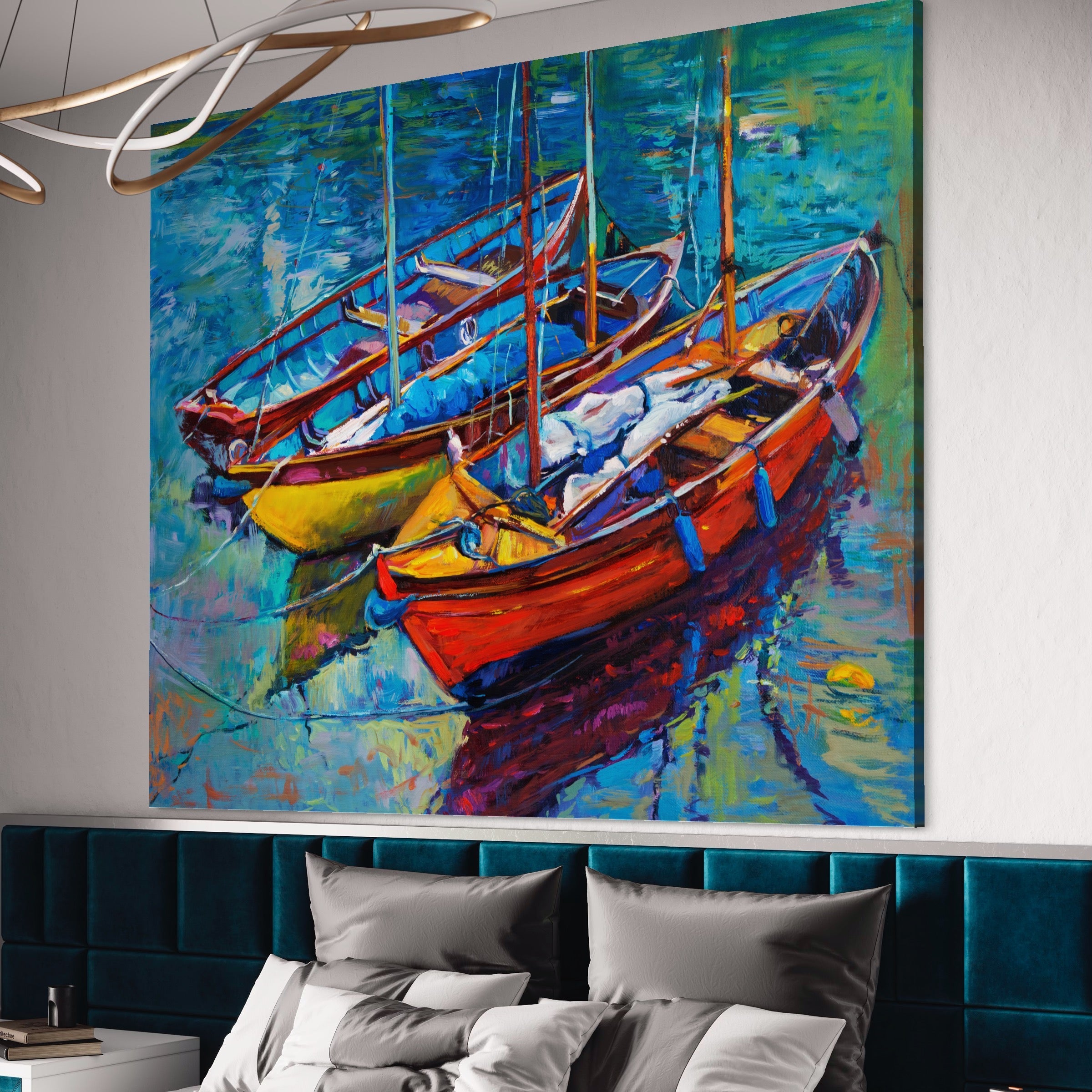 Tablou Canvas Premium LuxCanva® A1245, 3 Barci , Decorativ, Living, Mare, Barca, Port, Dormitor, Culori Vibrante