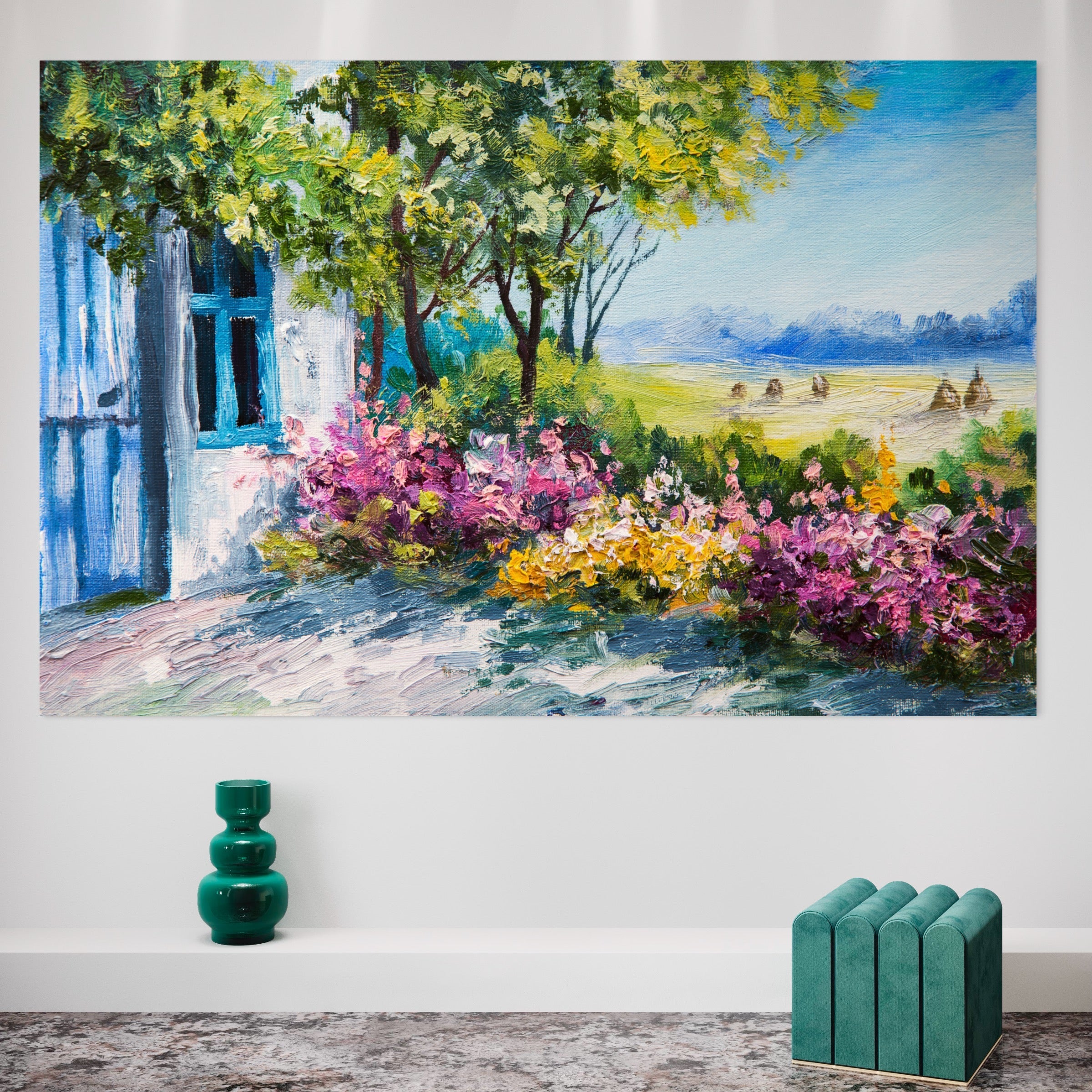 Tablou Canvas Premium LuxCanva® A1243, Casuta Albastra , Decorativ, Living, Flori, Casa, Peisaj, Copac, Dormitor, Culori Vibrante