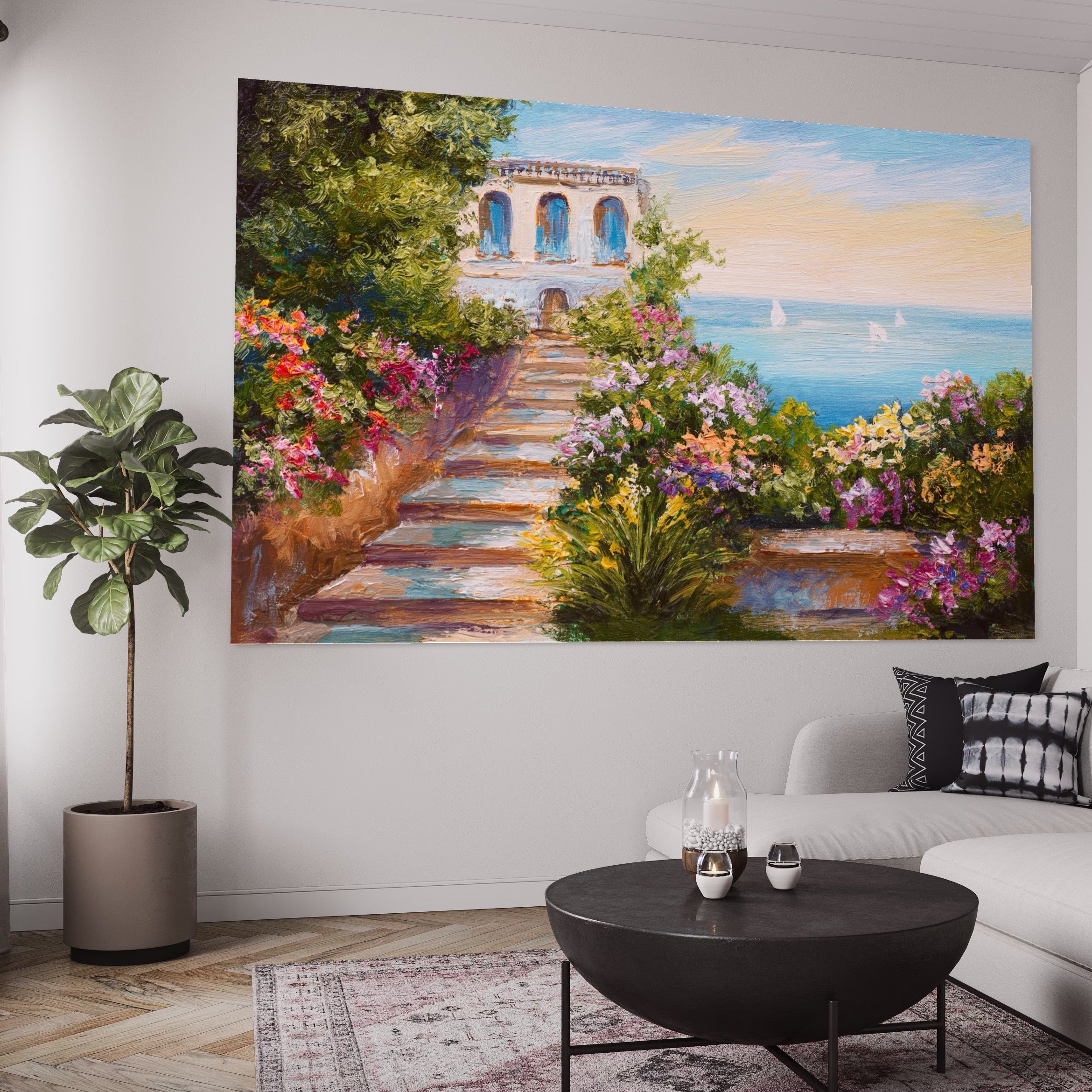 Tablou Canvas Premium LuxCanva® A1242, Scarile De Langa Mare , Decorativ, Living, Cer, Mare, Barci, Flori, Colorate, Dormitor, Culori Vibrante