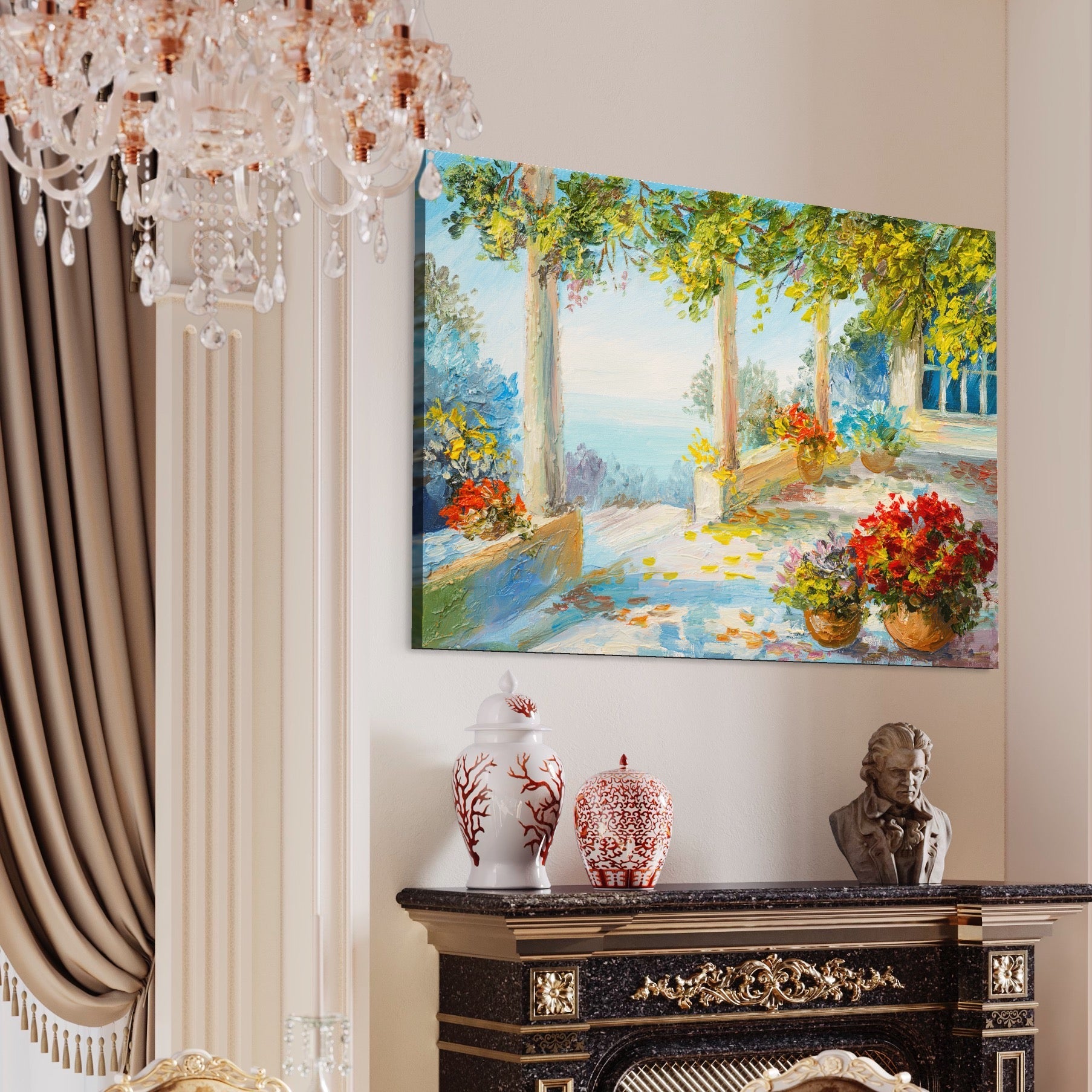 Tablou Canvas Premium LuxCanva® A1241, Priveliste La Mare , Decorativ, Living, Peisaj, Flori, Mare, Copaci, Dormitor, Culori Vibrante