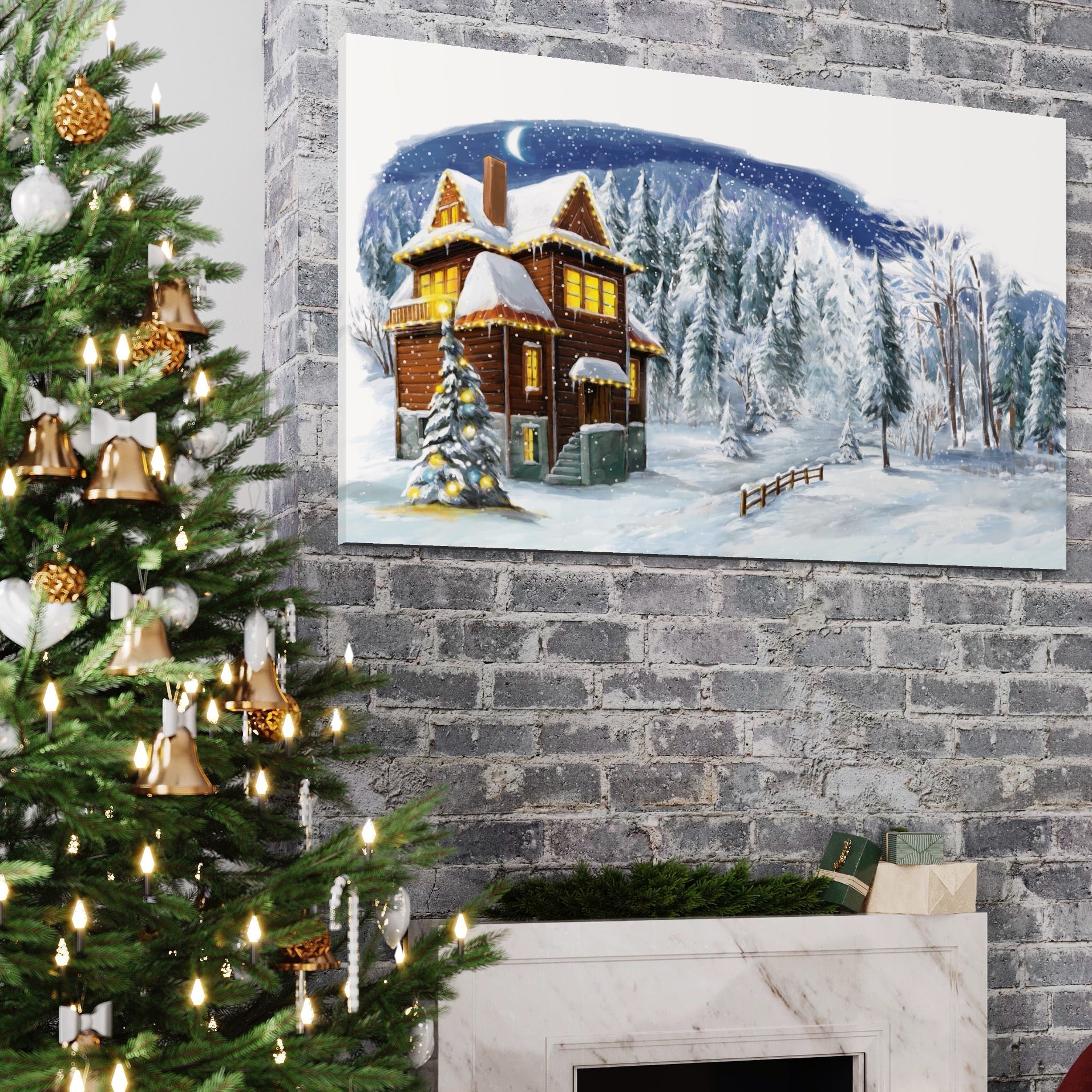 Tablou Canvas Premium LuxCanva® A1240, Peisaj De Poveste , Decorativ, Living, Peisaj, Zapada, Casa, Brad, Iarna, Dormitor, Culori Vibrante