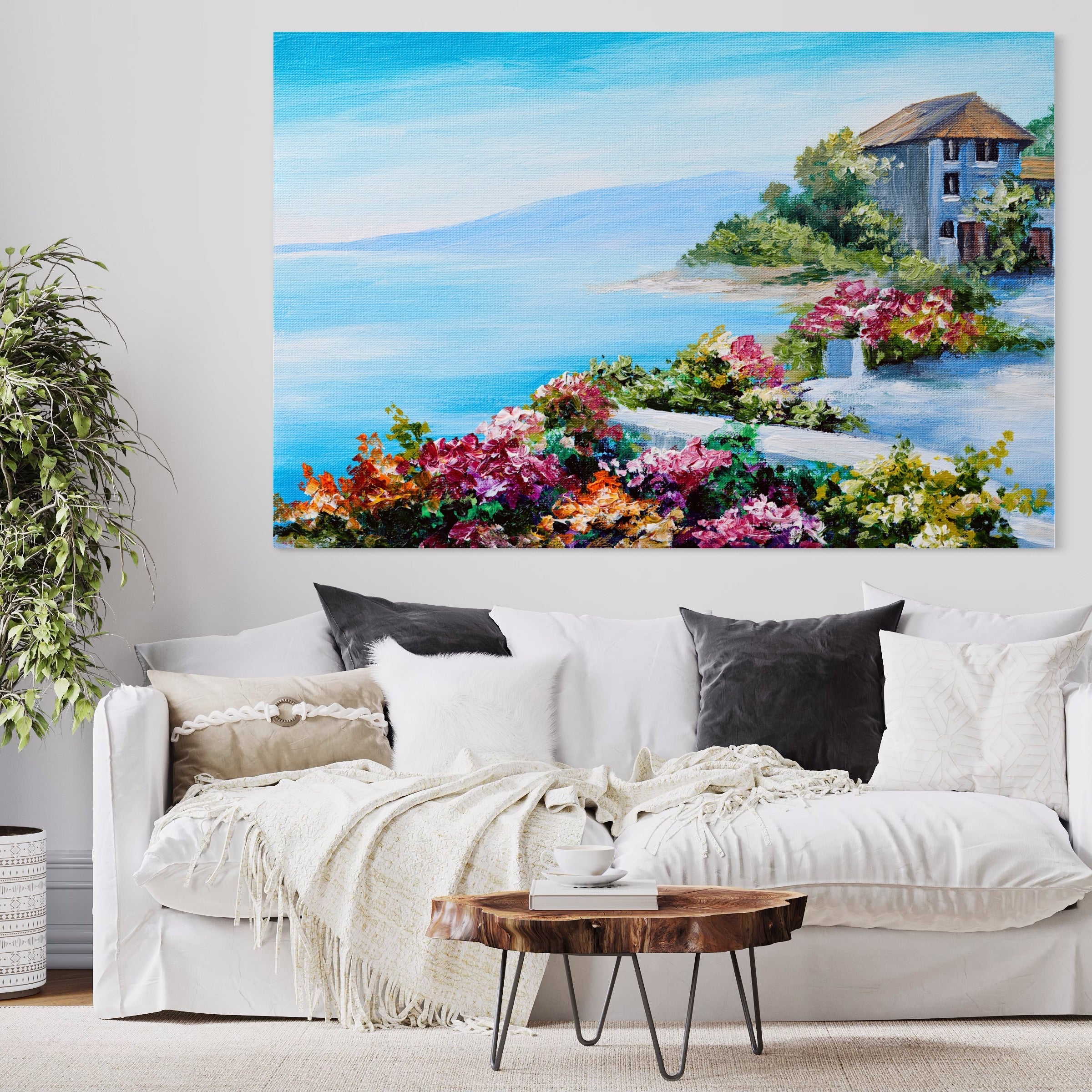 Tablou Canvas Premium LuxCanva® A1239, Flori La Malul Marii , Decorativ, Living, Peisaj, Flori, Mare, Munte, Dormitor, Culori Vibrante