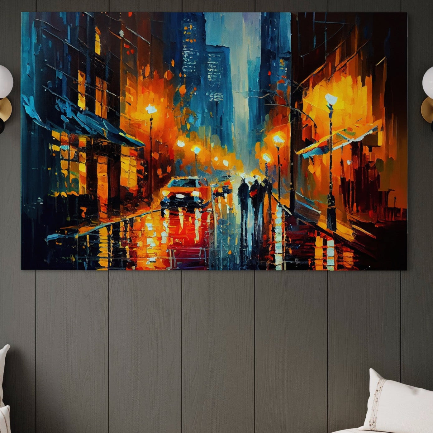 Tablou Canvas Premium LuxCanva® A1232, Lights In New York , Decorativ, Dormitor, Oras, Lumini, Masina, Oameni, Living, Culori Vibrante