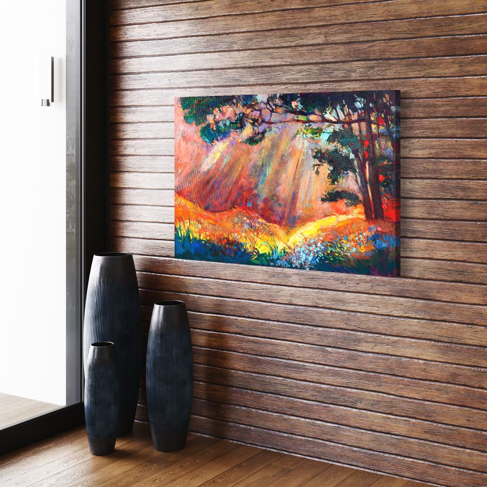 Tablou Canvas Premium LuxCanva® C1074, Razele Soarelui , Diva, Soare, Padure, Copac, Living Room, Bedroom, Relaxare, Culori Vibrante