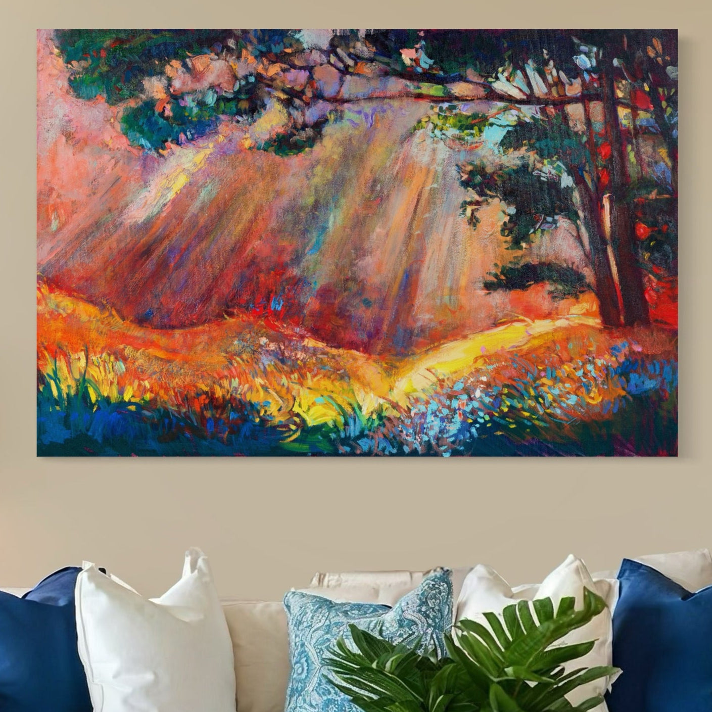 Tablou Canvas Premium LuxCanva® C1074, Razele Soarelui , Diva, Soare, Padure, Copac, Living Room, Bedroom, Relaxare, Culori Vibrante