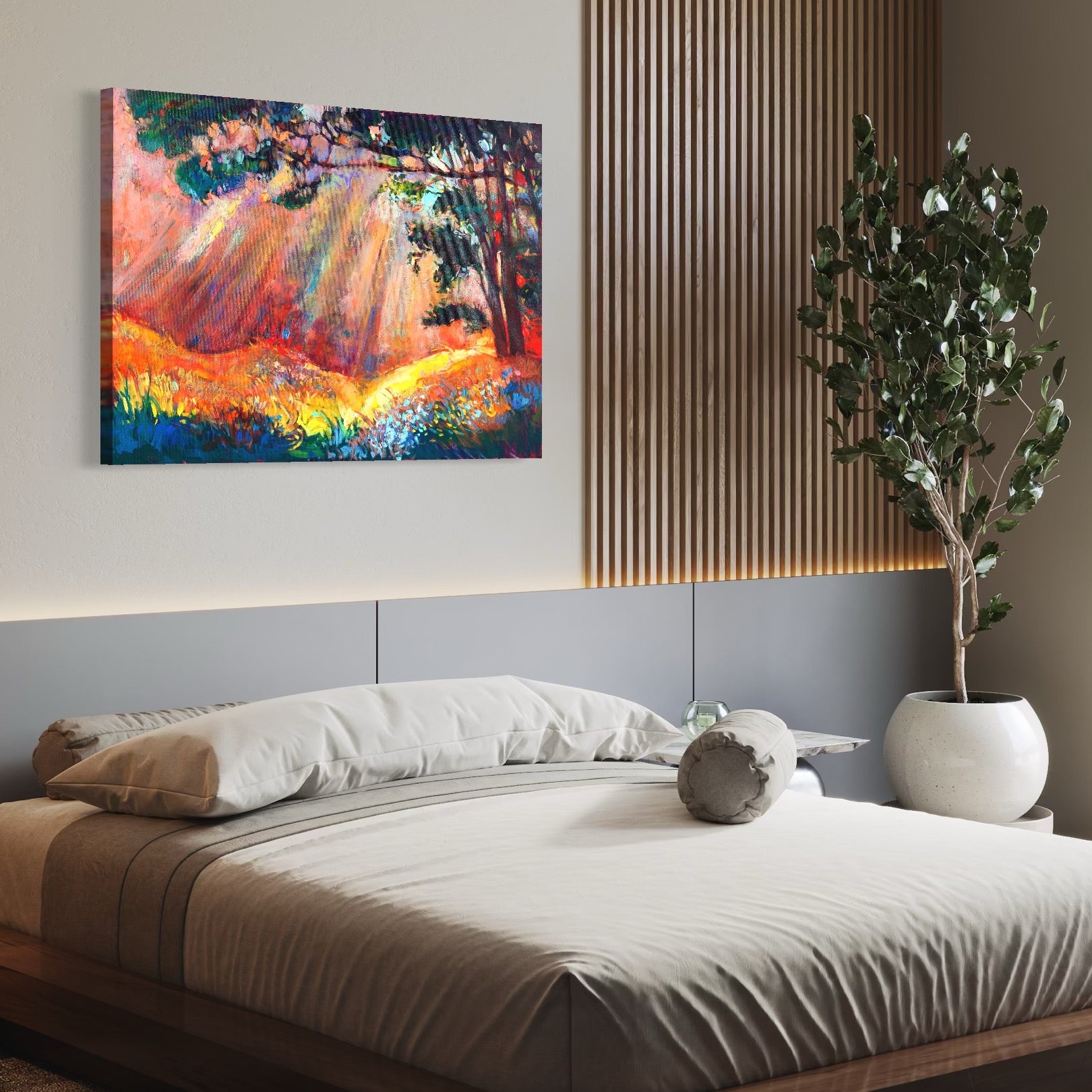 Tablou Canvas Premium LuxCanva® C1074, Razele Soarelui , Diva, Soare, Padure, Copac, Living Room, Bedroom, Relaxare, Culori Vibrante