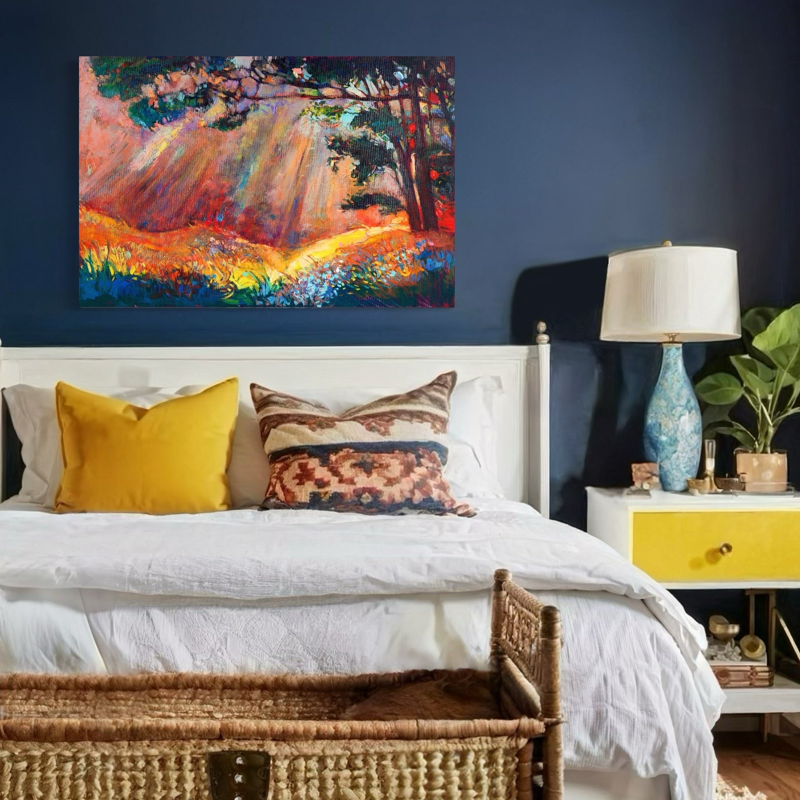 Tablou Canvas Premium LuxCanva® C1074, Razele Soarelui , Diva, Soare, Padure, Copac, Living Room, Bedroom, Relaxare, Culori Vibrante