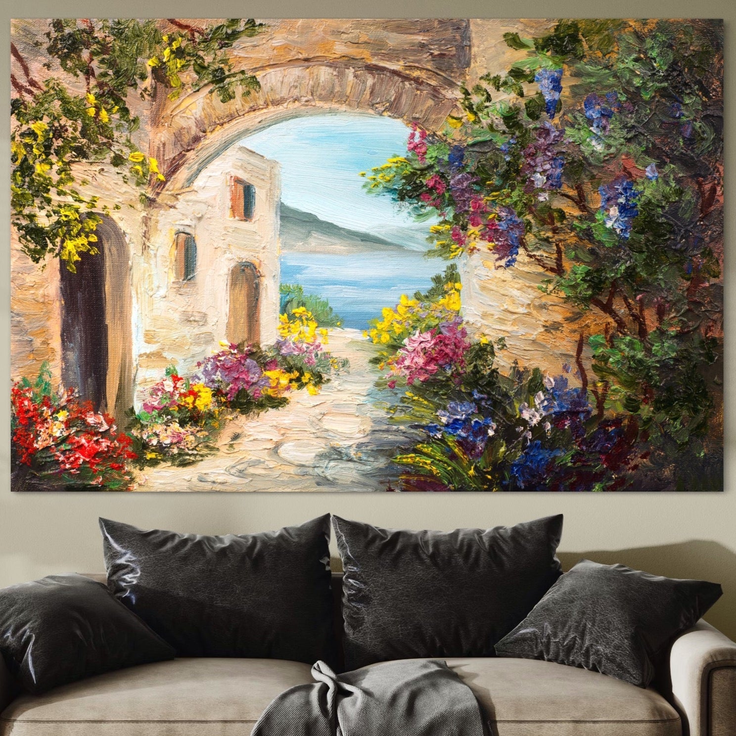 Tablou Canvas Premium LuxCanva® A1229, Arcada Cu Flori , Decorativ, Dormitor, Flori, Mare, Cladire, Arhitectura, Living, Culori Vibrante