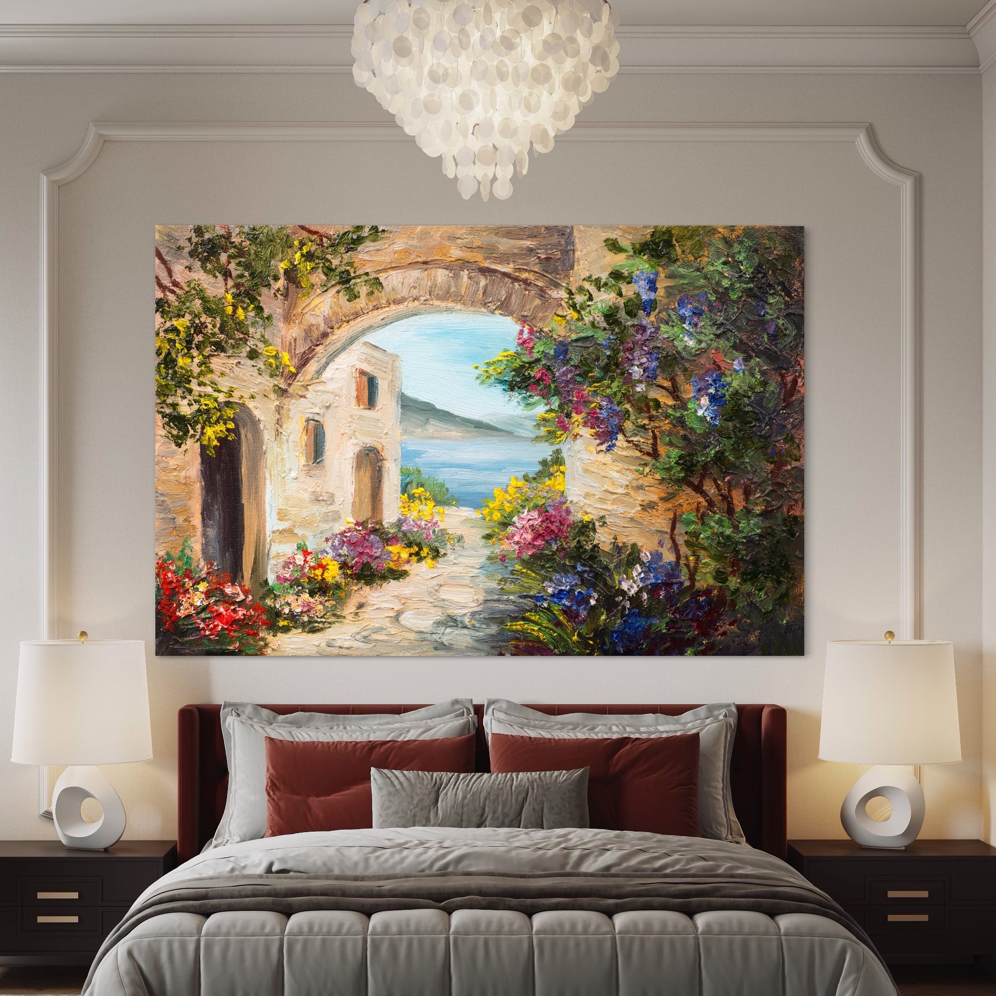 Tablou Canvas Premium LuxCanva® A1229, Arcada Cu Flori , Decorativ, Dormitor, Flori, Mare, Cladire, Arhitectura, Living, Culori Vibrante