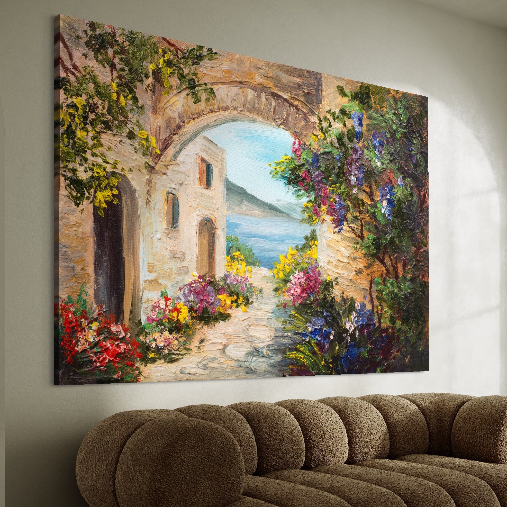 Tablou Canvas Premium LuxCanva® A1229, Arcada Cu Flori , Decorativ, Dormitor, Flori, Mare, Cladire, Arhitectura, Living, Culori Vibrante