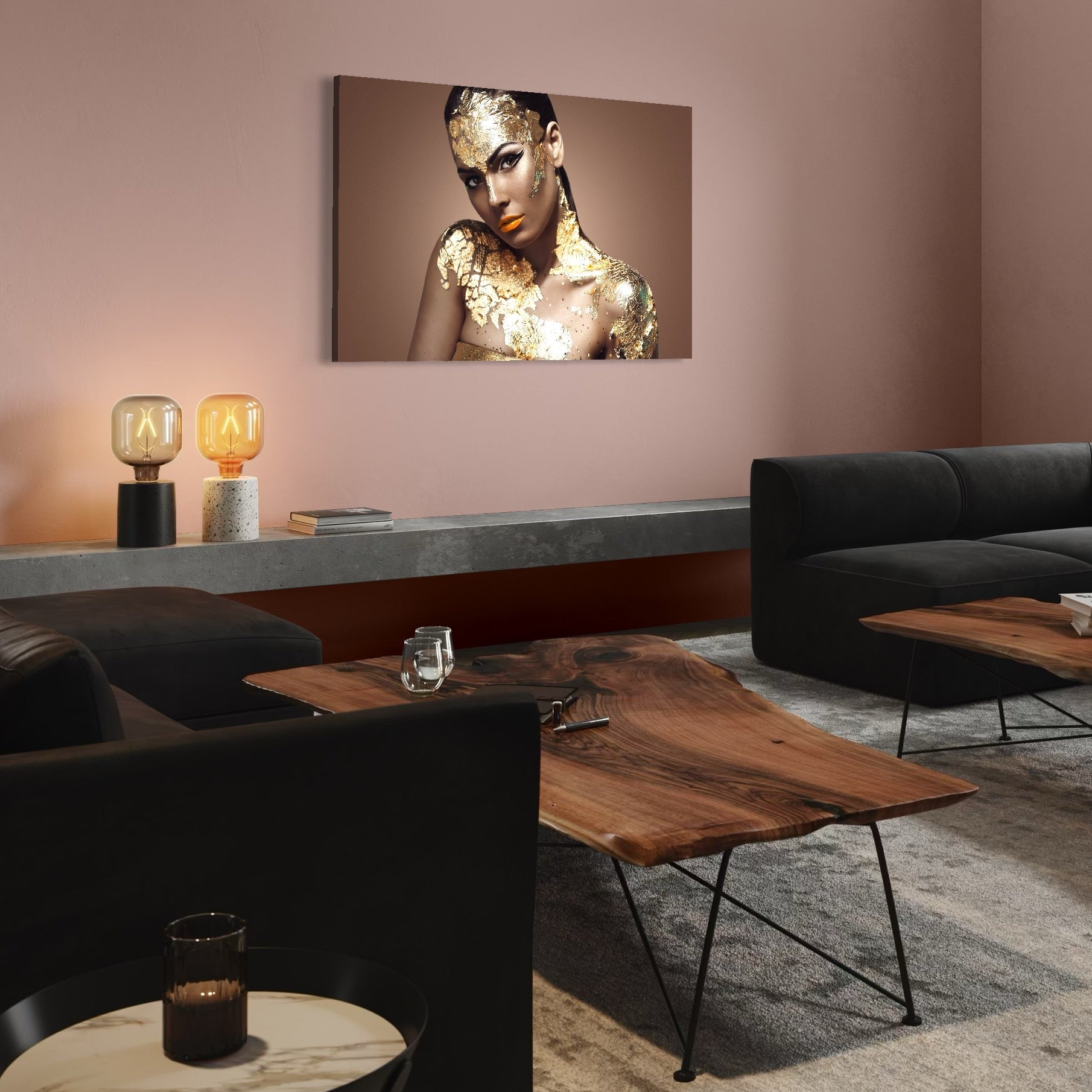 Tablou Canvas Premium LuxCanva® C1088, Beauty Covered In Gold , Gold, Femeie, Privire, Living Room, Bedroom, Relaxare, Culori Vibrante