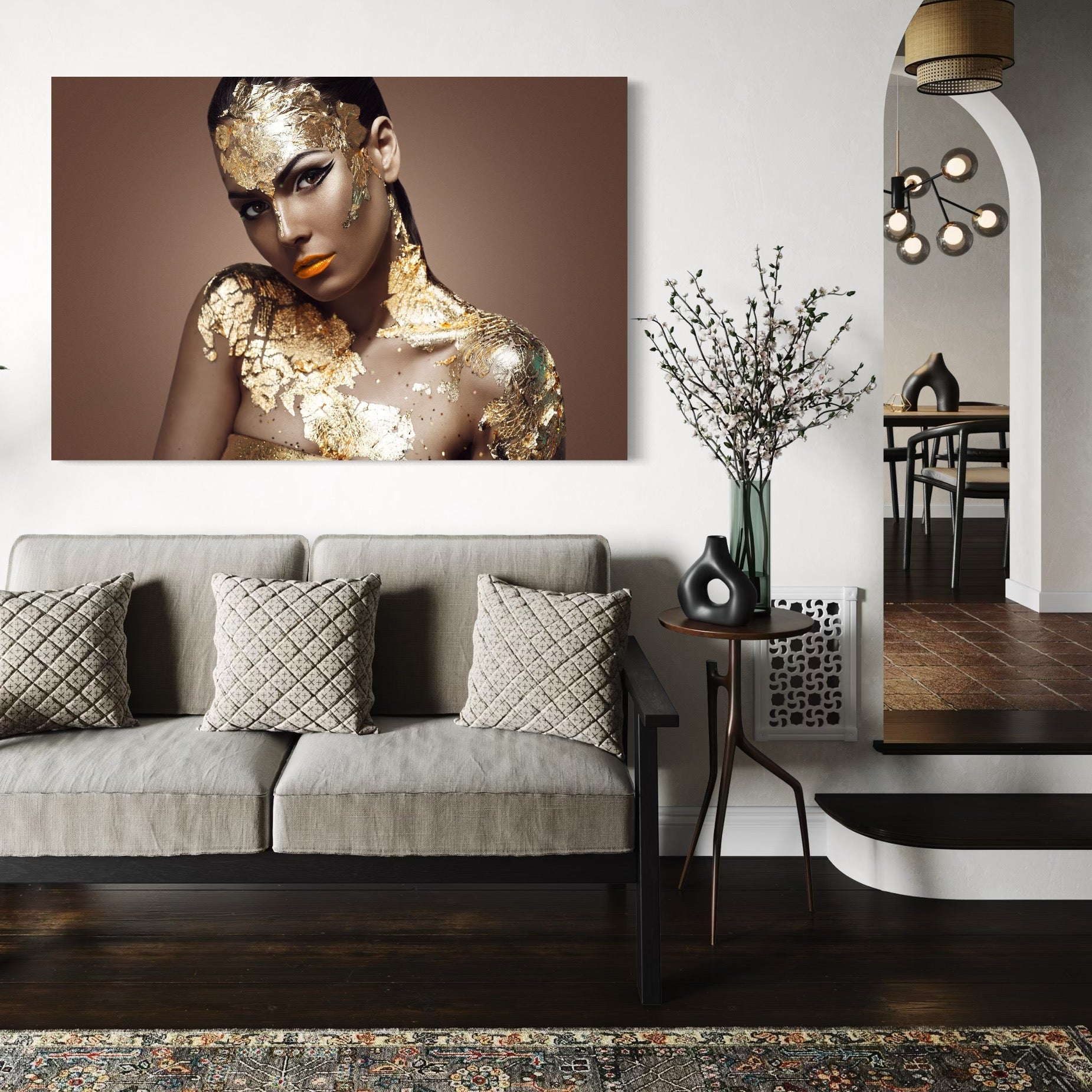 Tablou Canvas Premium LuxCanva® C1088, Beauty Covered In Gold , Gold, Femeie, Privire, Living Room, Bedroom, Relaxare, Culori Vibrante