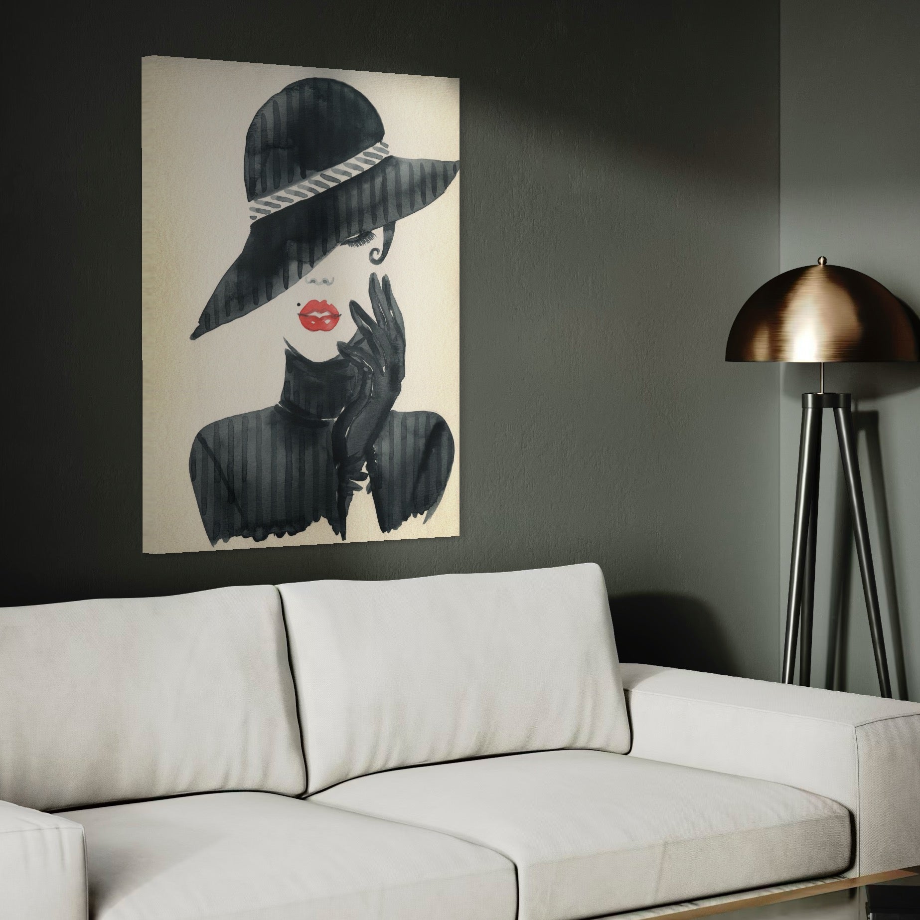 Tablou Canvas Premium LuxCanva® C1092, Stylish Fashionista With Black Hat , Femeie, Fashionista, Red Lips, Living Room, Bedroom, Relaxare, Culori Vibrante