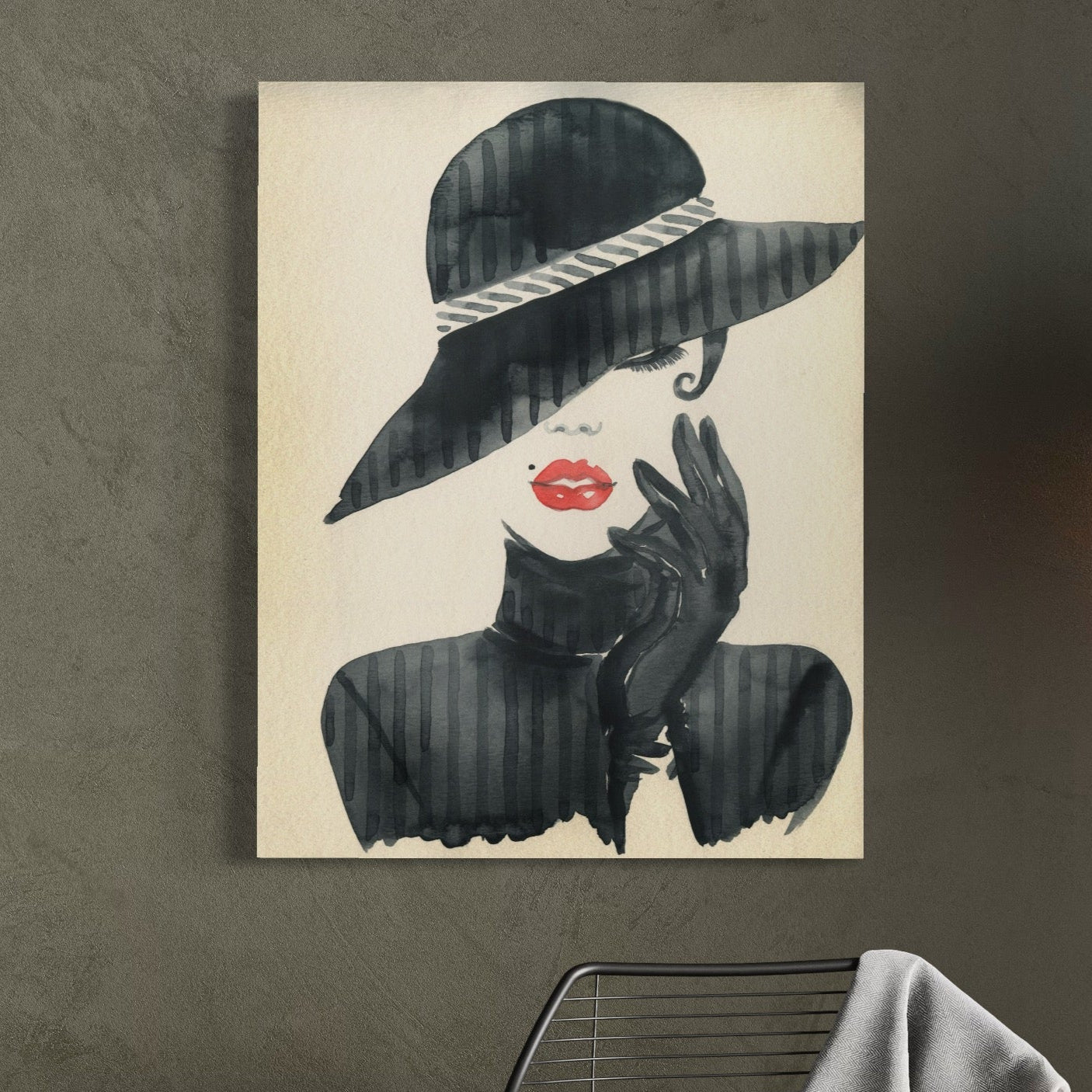Tablou Canvas Premium LuxCanva® C1092, Stylish Fashionista With Black Hat , Femeie, Fashionista, Red Lips, Living Room, Bedroom, Relaxare, Culori Vibrante