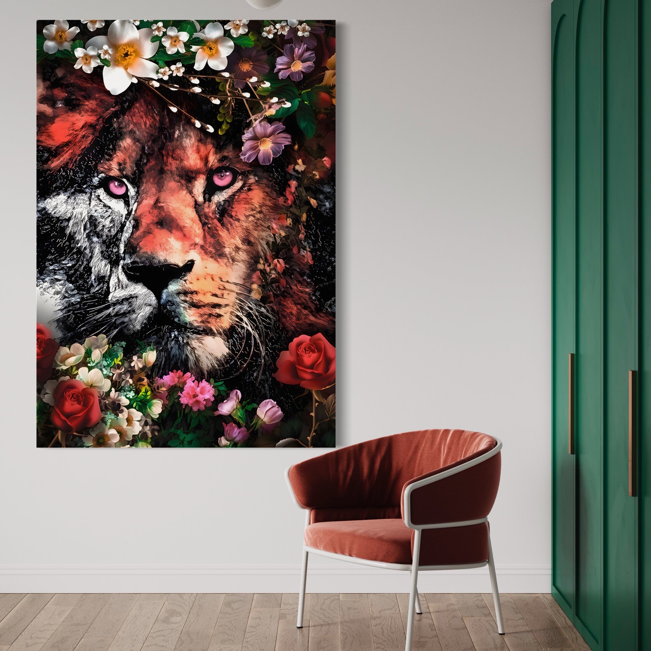 Tablou Canvas Premium LuxCanva® A1211, Lion With Flowers , Leu, Regele Junglei, Flori, Colorat, Safari, Culori Vibrante