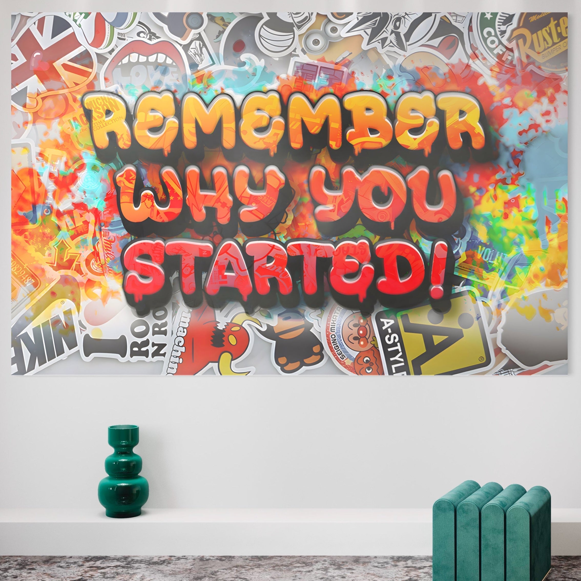 Tablou Canvas Premium LuxCanva® A1207, Remeber Why You Started? , Decorativ, Birou, Motivational, Graffiti, Colorat, Living, Culori Vibrante