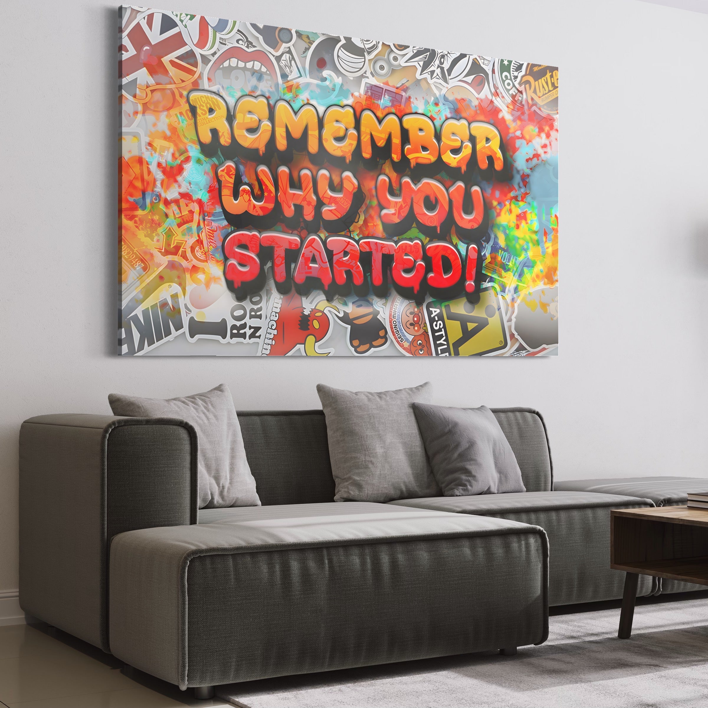 Tablou Canvas Premium LuxCanva® A1207, Remeber Why You Started? , Decorativ, Birou, Motivational, Graffiti, Colorat, Living, Culori Vibrante