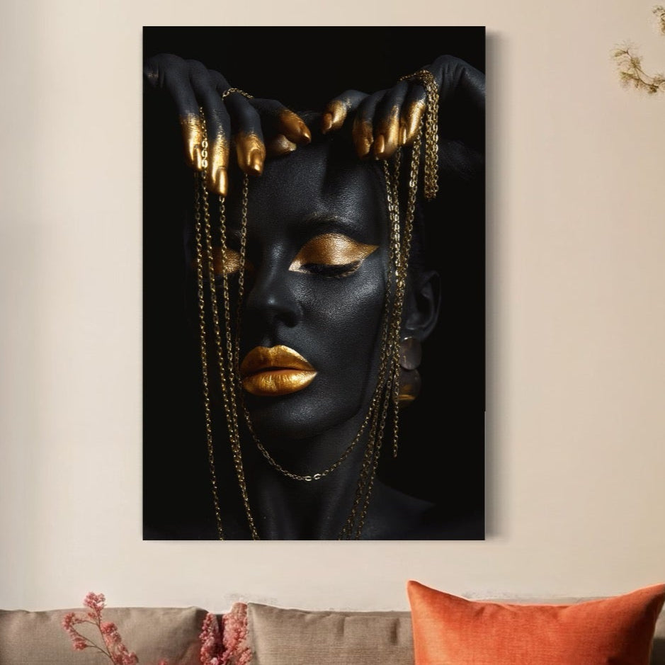Tablou Canvas Premium LuxCanva® C1100, Girl Covered In Black And Gold Paint , Fata, Frumusete, Auriu, Living Room, Bedroom, Relaxare, Culori Vibrante