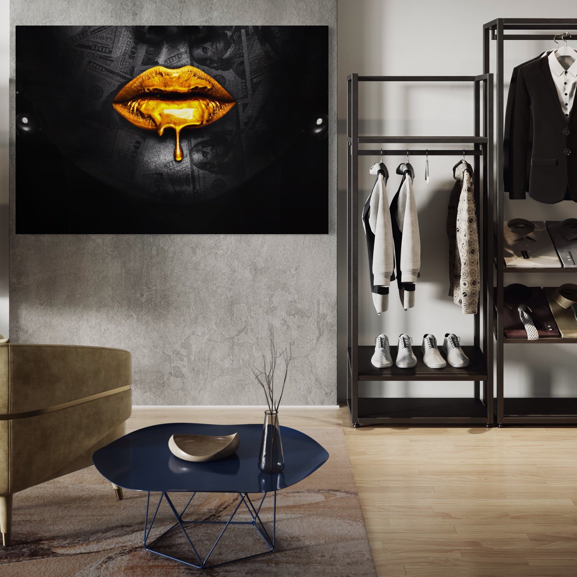 Tablou Canvas Premium LuxCanva® A1205, Gold Lips , Decorativ, Dressing, Buze, Auriu, Dolar, Living, Culori Vibrante