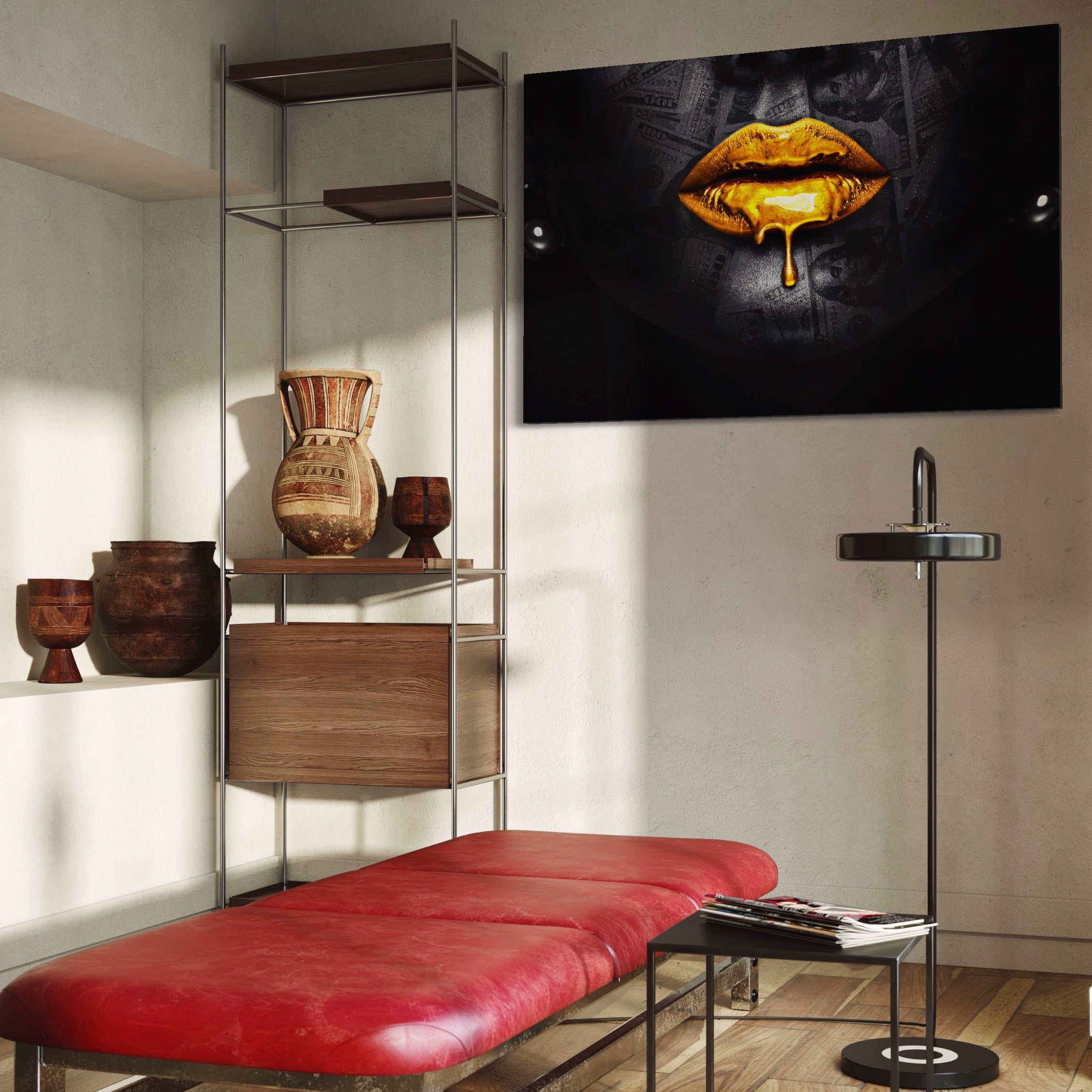 Tablou Canvas Premium LuxCanva® A1205, Gold Lips , Decorativ, Dressing, Buze, Auriu, Dolar, Living, Culori Vibrante