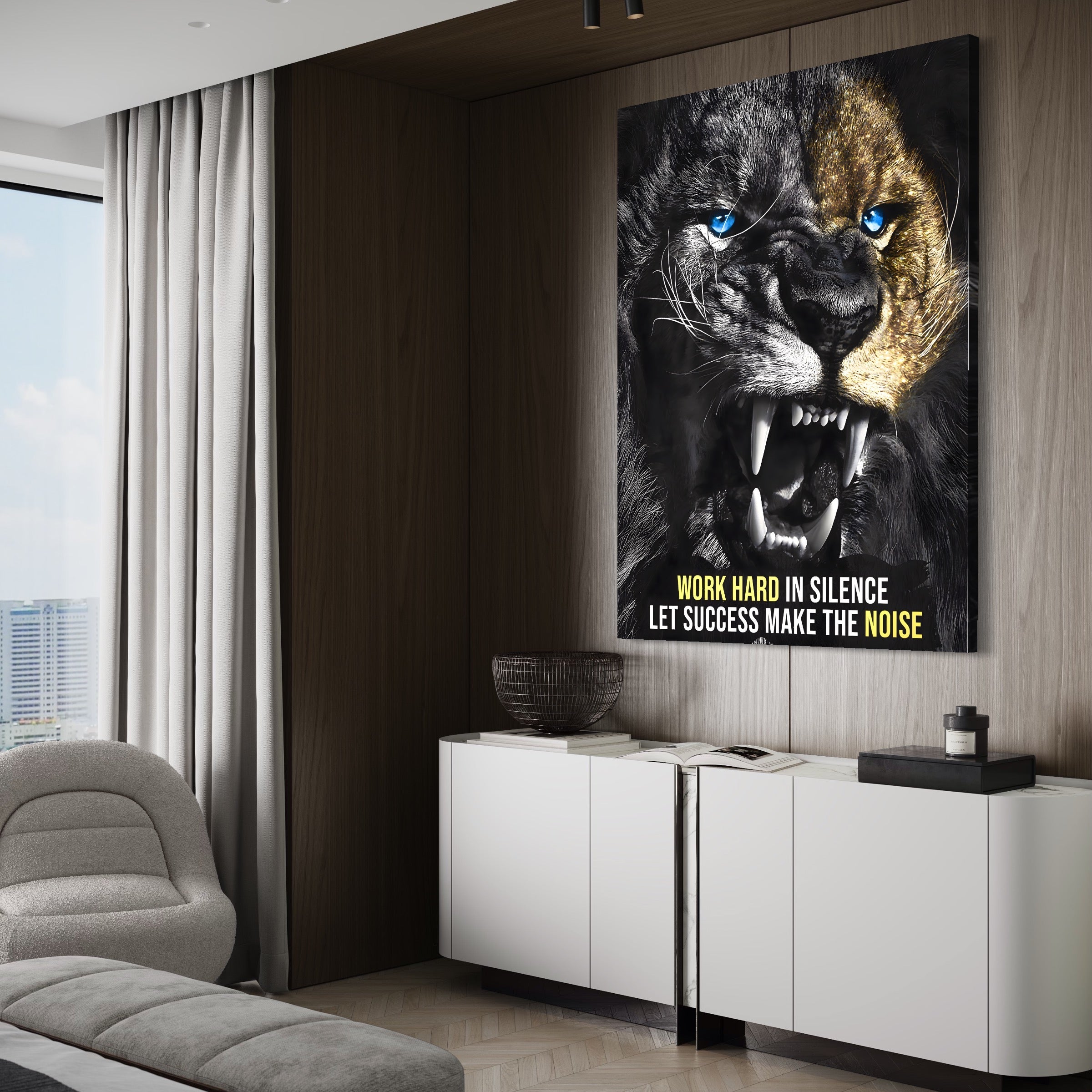 Tablou Canvas Premium LuxCanva® A1204, Let Succes Make The Noise , Decorativ, Birou, Leu, Motivational, Regele junglei, Living, Culori Vibrante