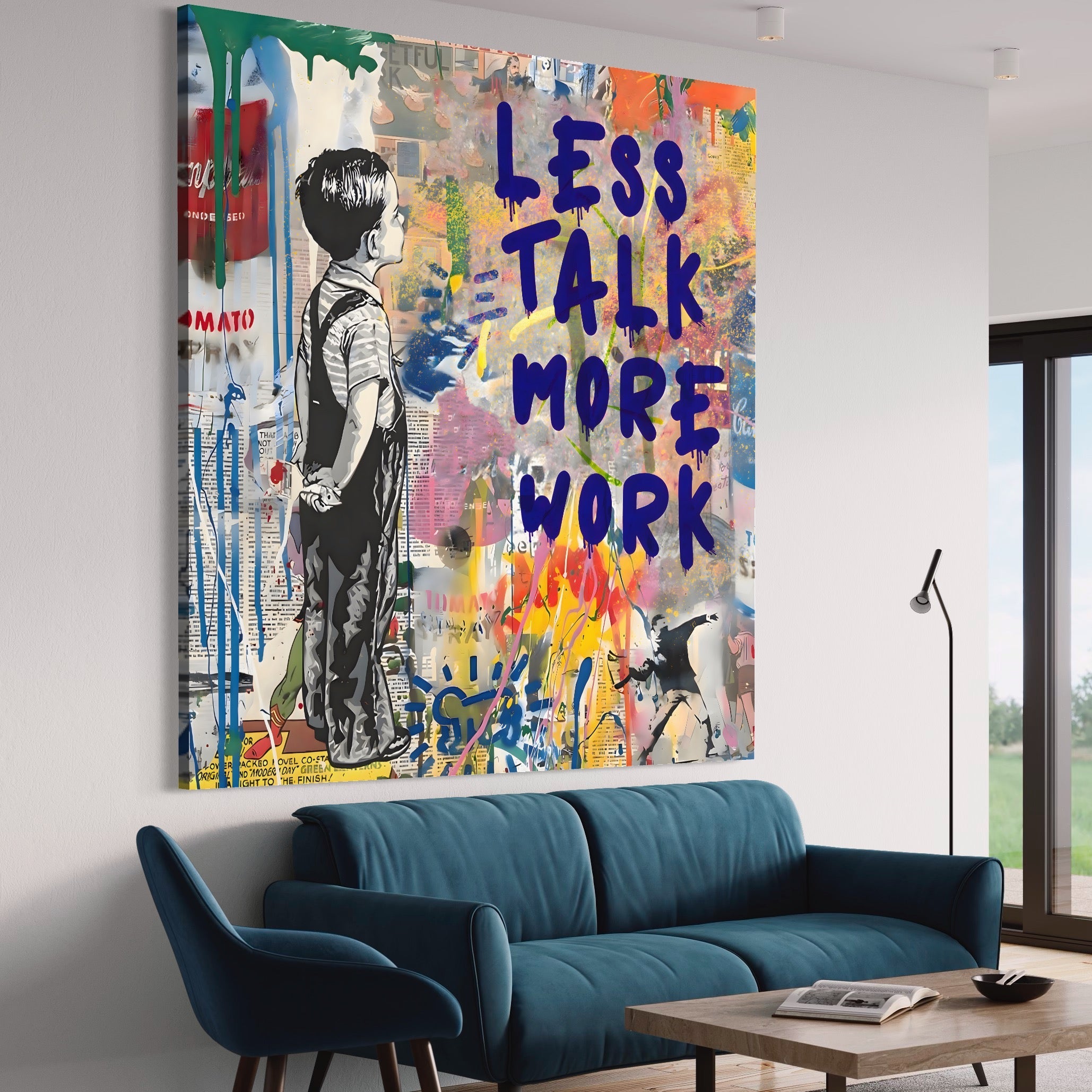 Tablou Canvas Premium LuxCanva® A1200, Less Talk More Work , Decorativ, Birou, Motivational, Copil, Colorat, Living, Culori Vibrante