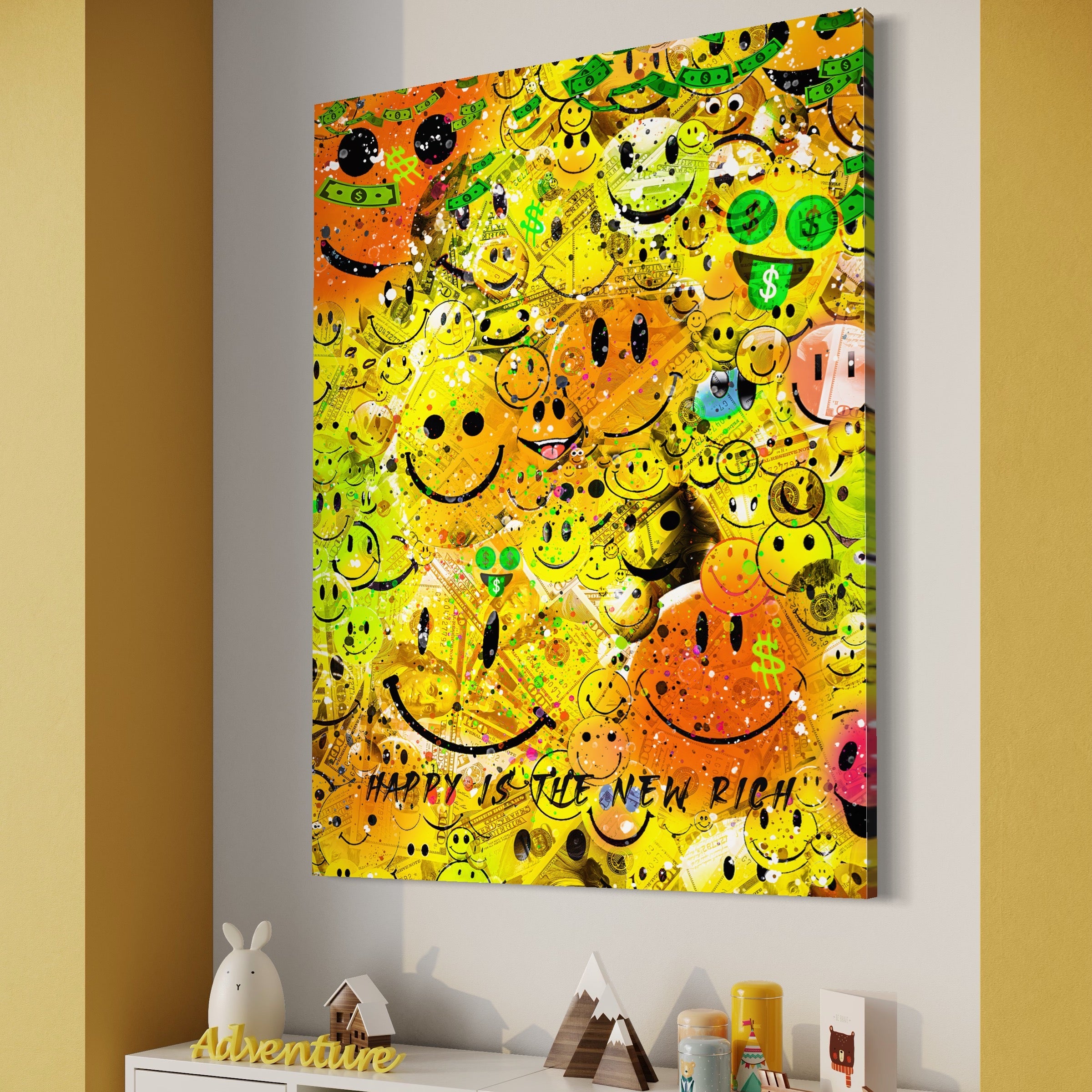 Tablou Canvas Premium LuxCanva® A1198, Happy Smile , Galben, Dormitor, Fata Zambitoare, Dolar, Living, Culori Vibrante