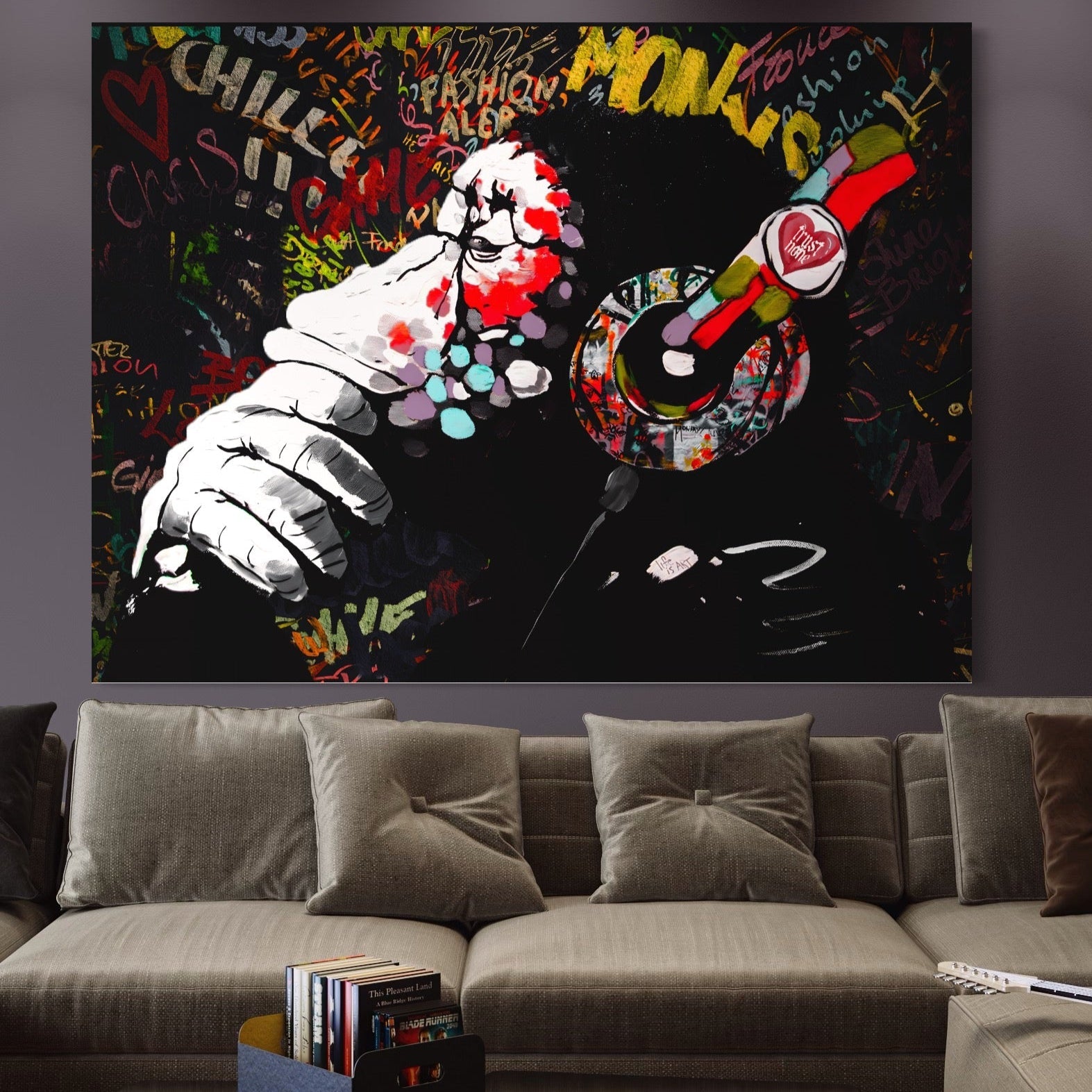 Tablou Canvas Premium LuxCanva® A1197, Chill Down , Relaxare, Maimuta, Casti, Living, Culori Vibrante