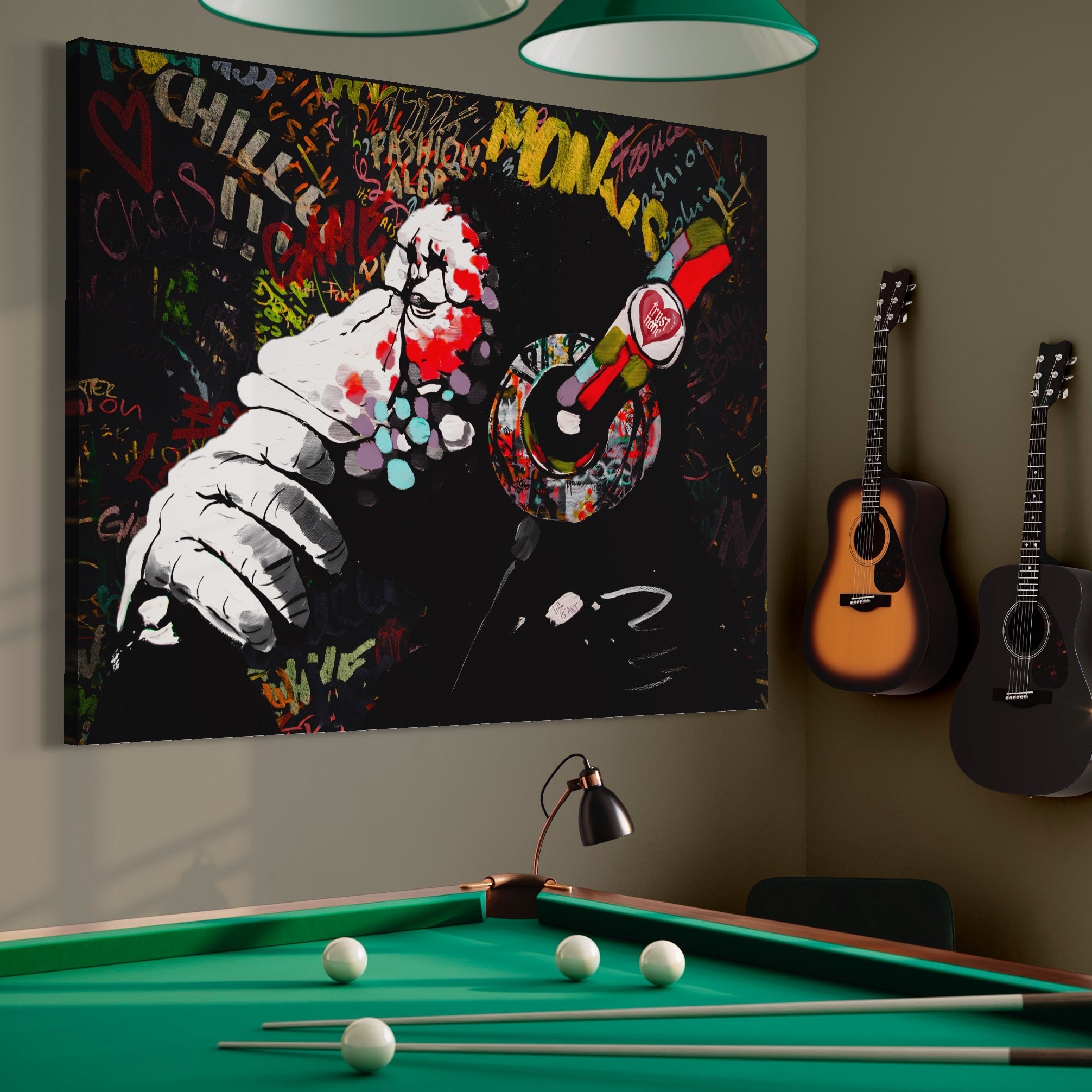 Tablou Canvas Premium LuxCanva® A1197, Chill Down , Relaxare, Maimuta, Casti, Living, Culori Vibrante