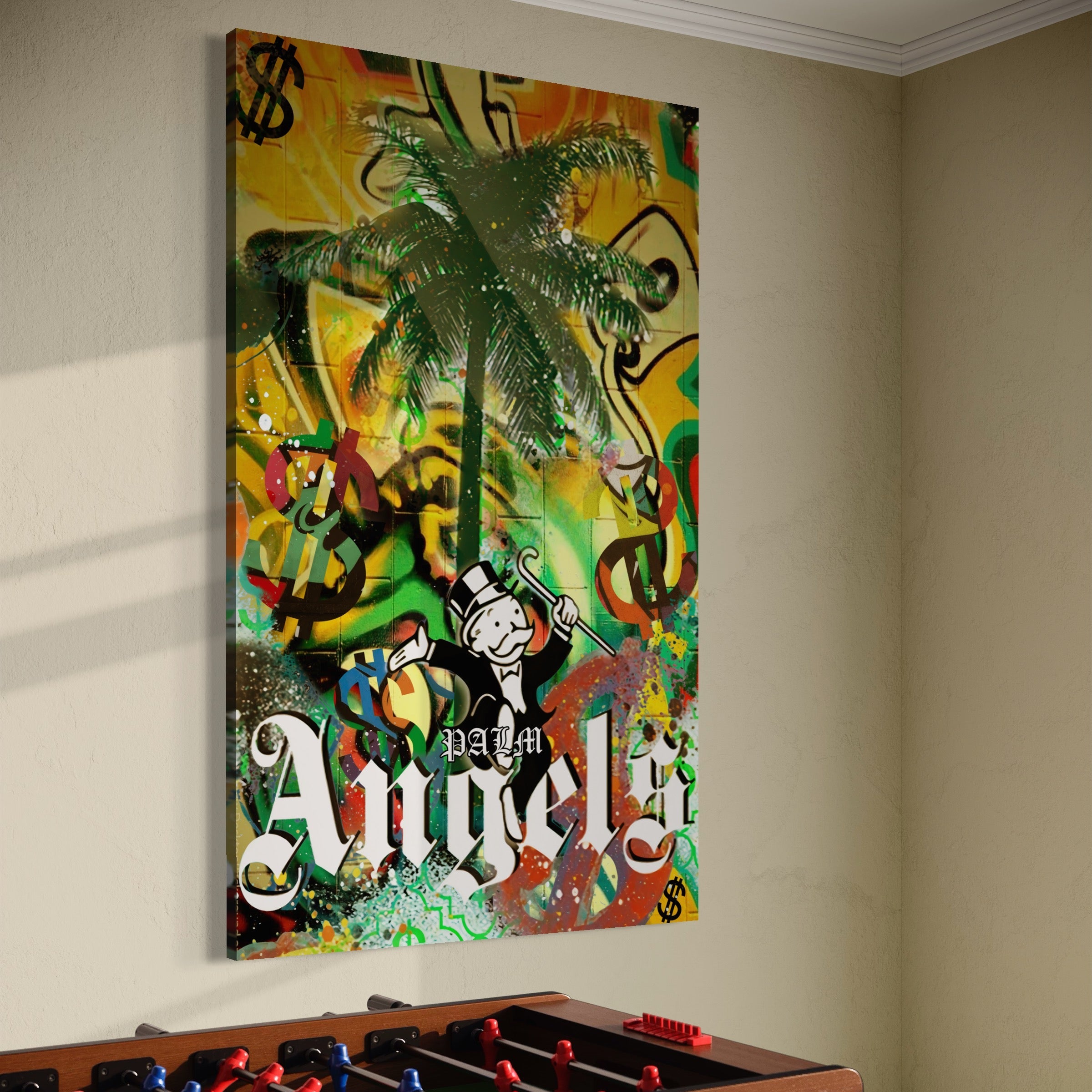 Tablou Canvas Premium LuxCanva® A1176, Monopoly Dollars , Palm Angels, Palmier, Dormitor, Dolar, Culori Vibrante