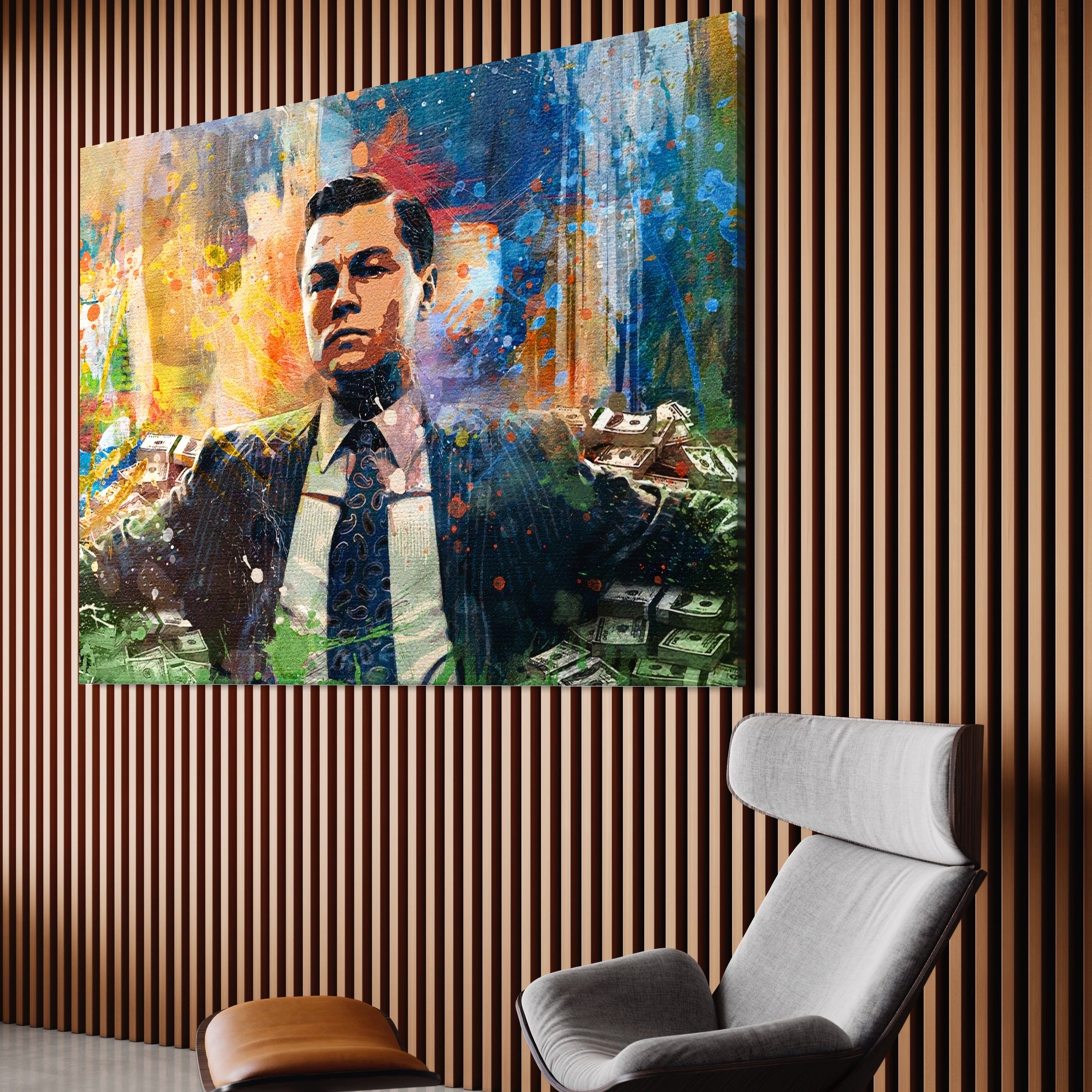 Tablou Canvas Premium LuxCanva® A1172, Money Men , Motivational, Living, Birou, Bani, Leonardo DiCaprio, Culori Vibrante