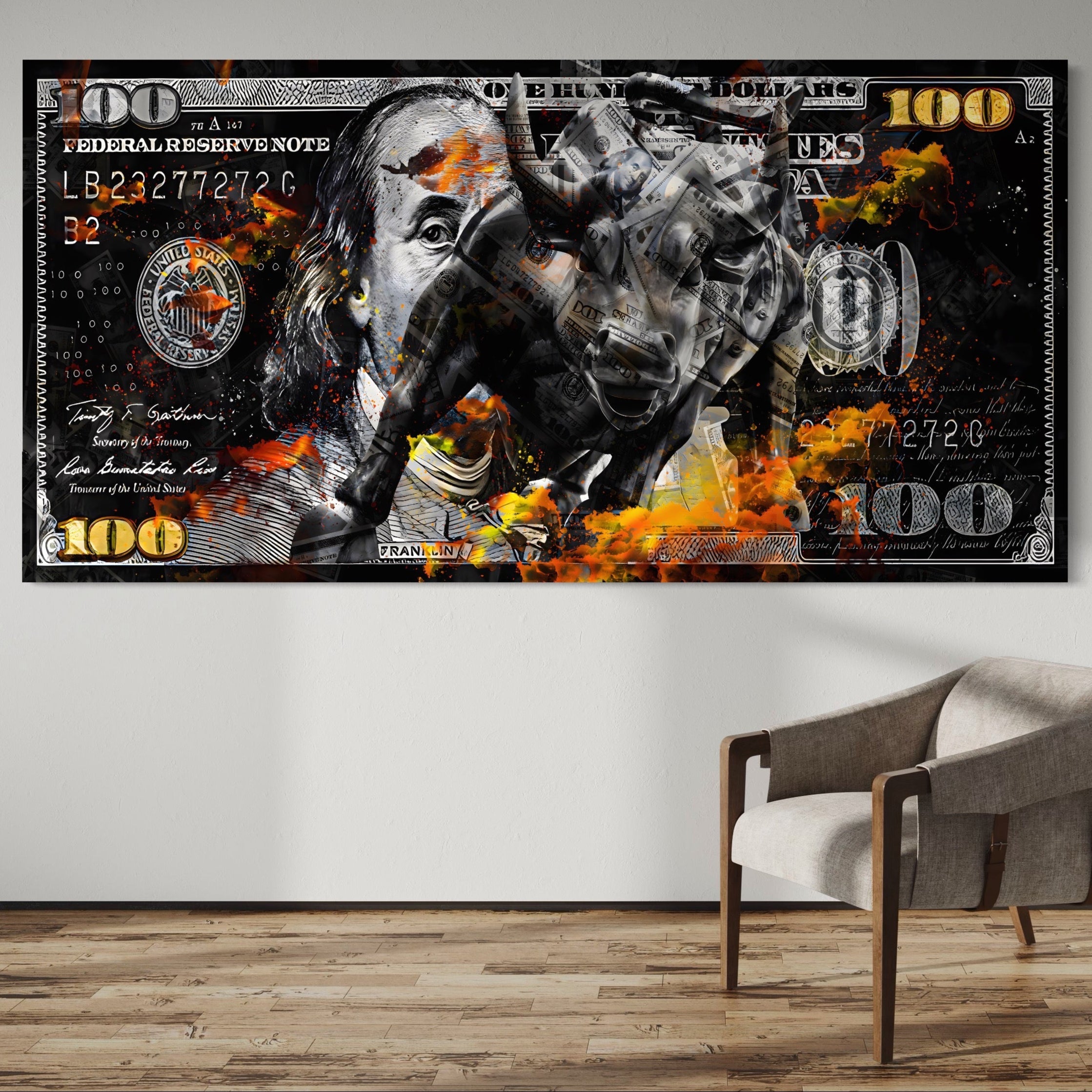 Tablou Canvas Premium LuxCanva® A1166, Dollar Bull , Decorativ, Benjamin Franklin, Cash, USD, Culori Vibrante