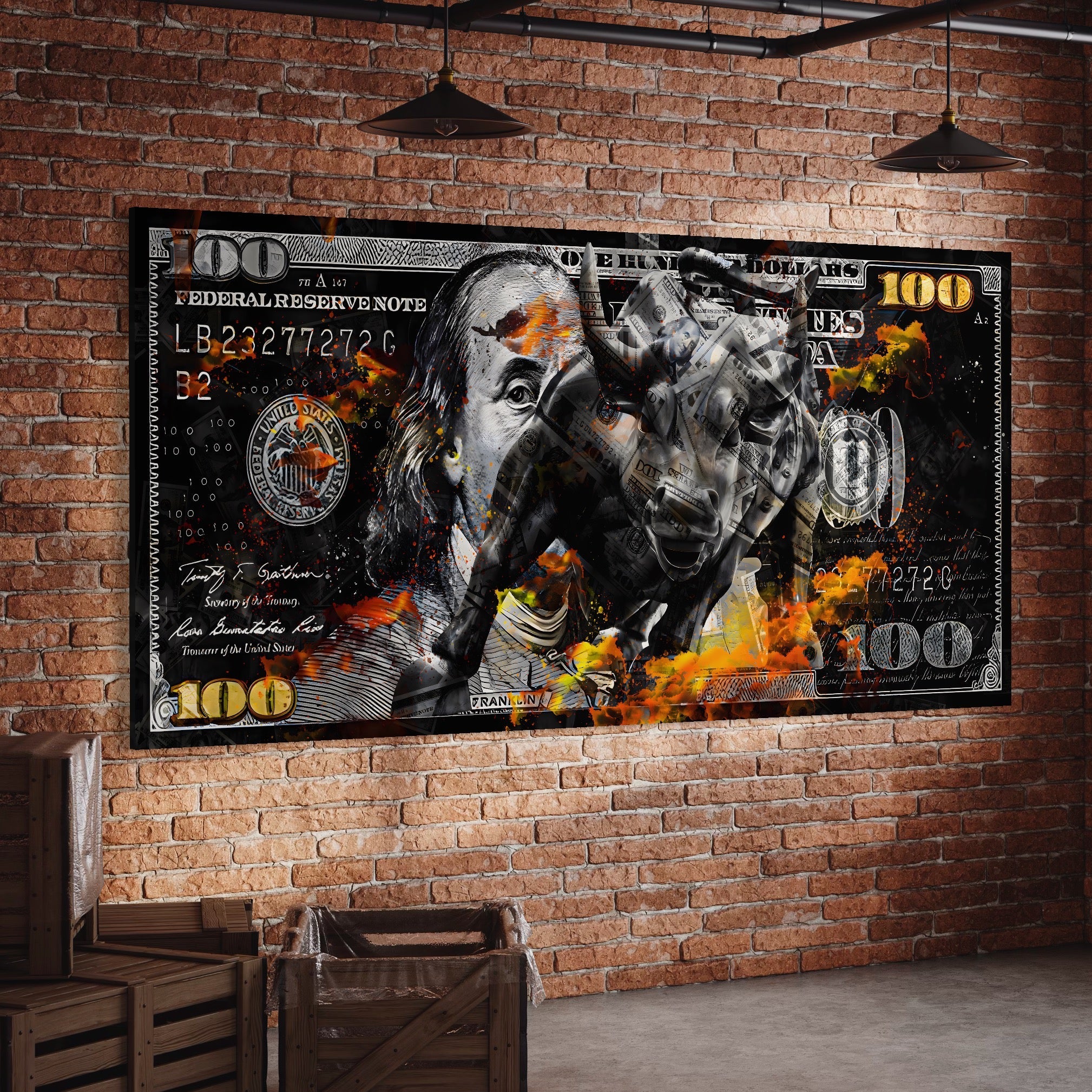 Tablou Canvas Premium LuxCanva® A1166, Dollar Bull , Decorativ, Benjamin Franklin, Cash, USD, Culori Vibrante