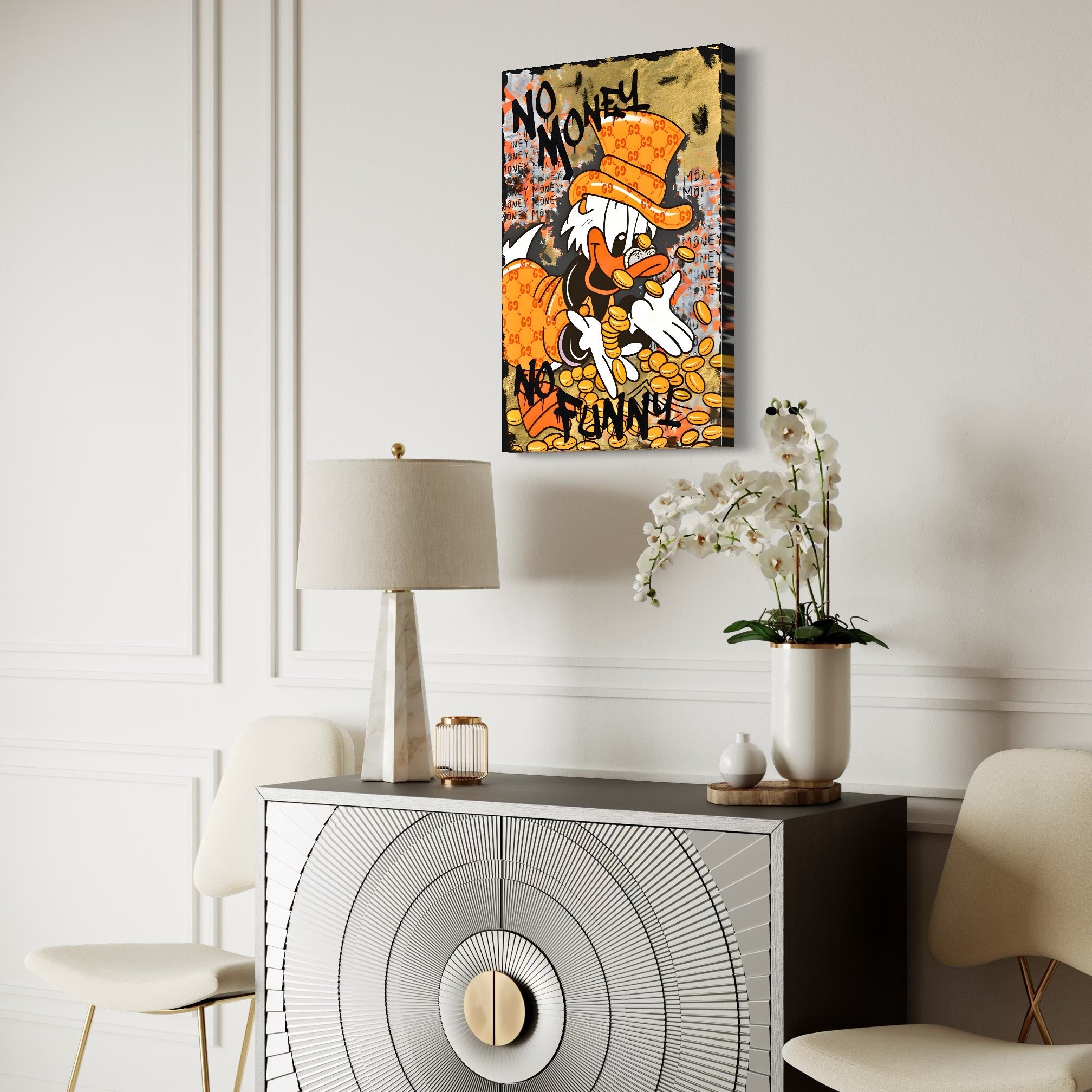 Tablou Canvas Premium, LuxCanva® C1150, Donald Counting Money, Culori, Cartoon, Happy, Money, Living Room, Relaxare, Culori Vibrante