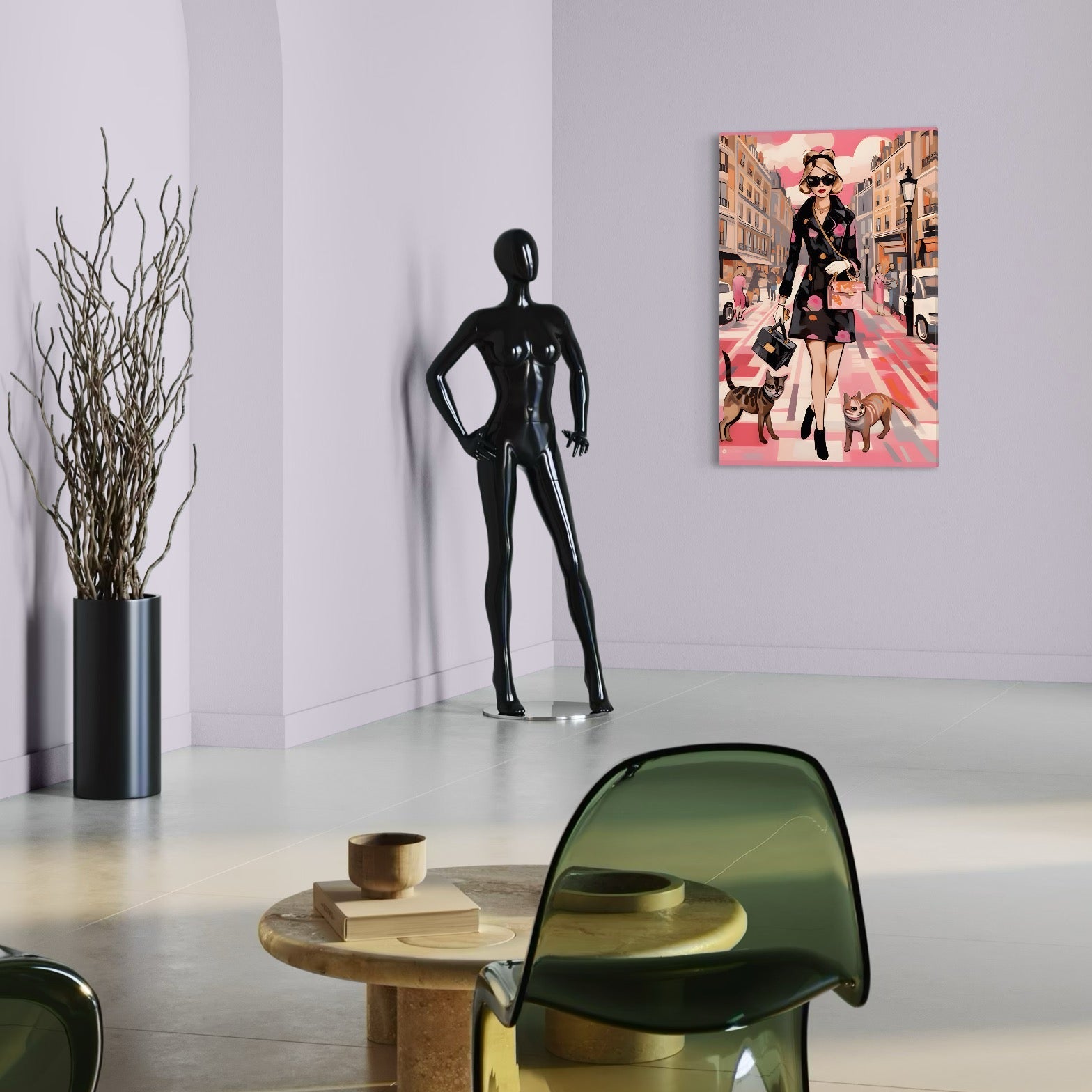 Tablou Canvas Premium LuxCanva® C1151, Lady Walking With Cats , Culori, Fashion, Animals, Beauty, Living Room, Bar, Relaxare, Culori Vibrante