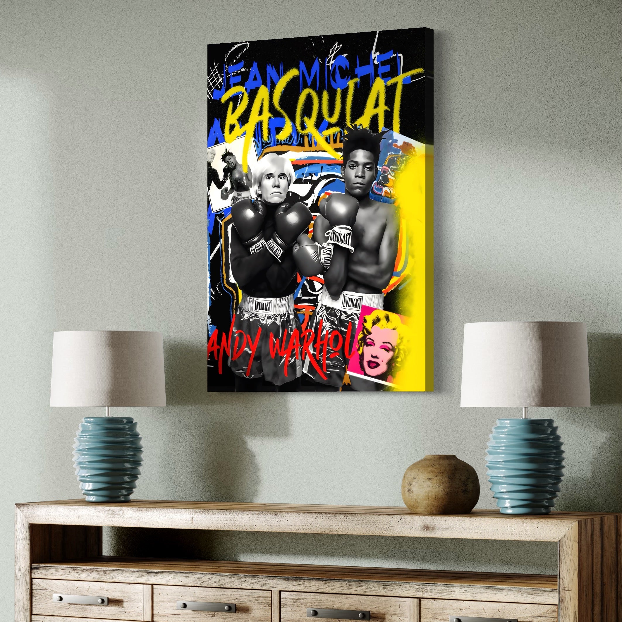Tablou Canvas Premium LuxCanva® C1153, Basquiat And Warhol Duel , Culori, Icons, Boxing, Game Room, Bar, Relaxare, Culori Vibrante