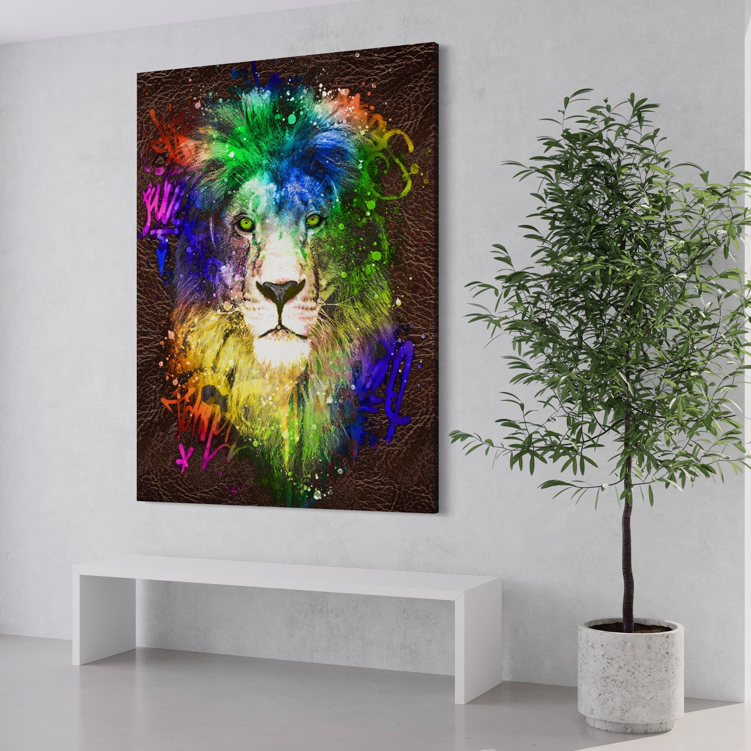 Tablou Canvas Premium LuxCanva® A1132, Leu Colorat , Multicolor, Regele Junglei, Verde, Culori Vibrante