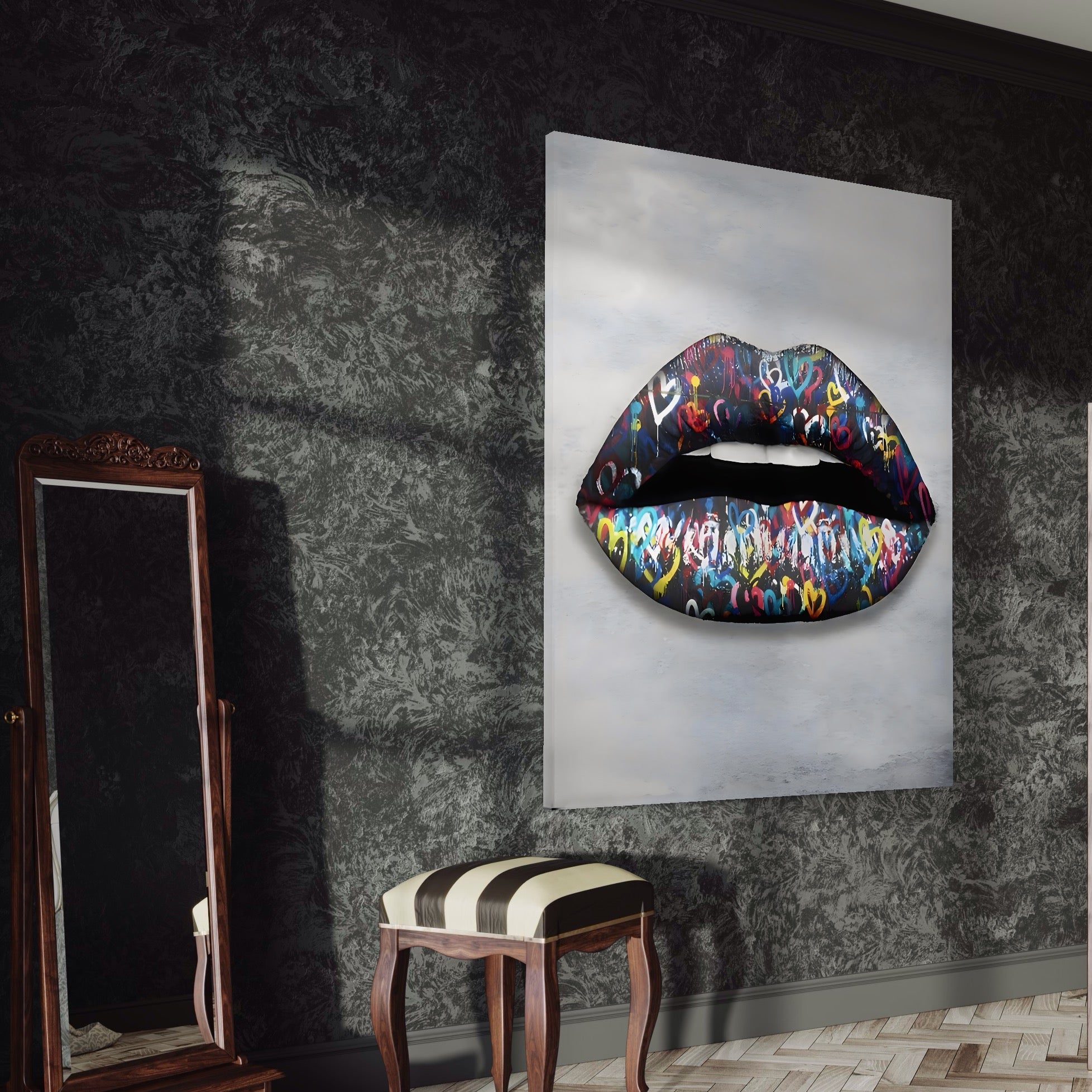 Tablou Canvas Premium LuxCanva® A1126, Black Lips ,  Buze, Inimi Colorate, Ruj Negru, Culori Vibrante