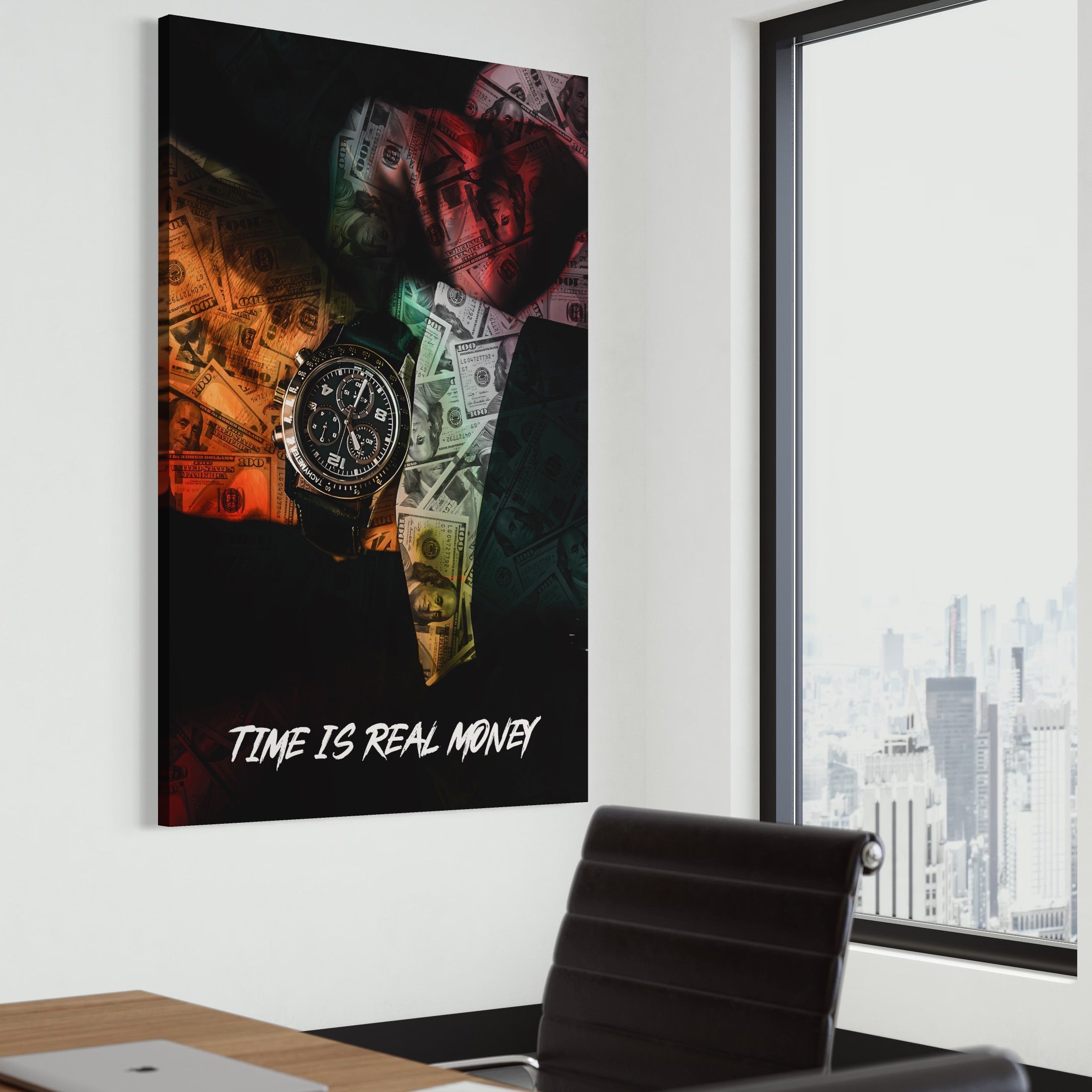 Tablou Canvas Premium LuxCanva® A1121, Time Is Money , Ceas, Timp, Cash, Motivational, Culori Vibrante