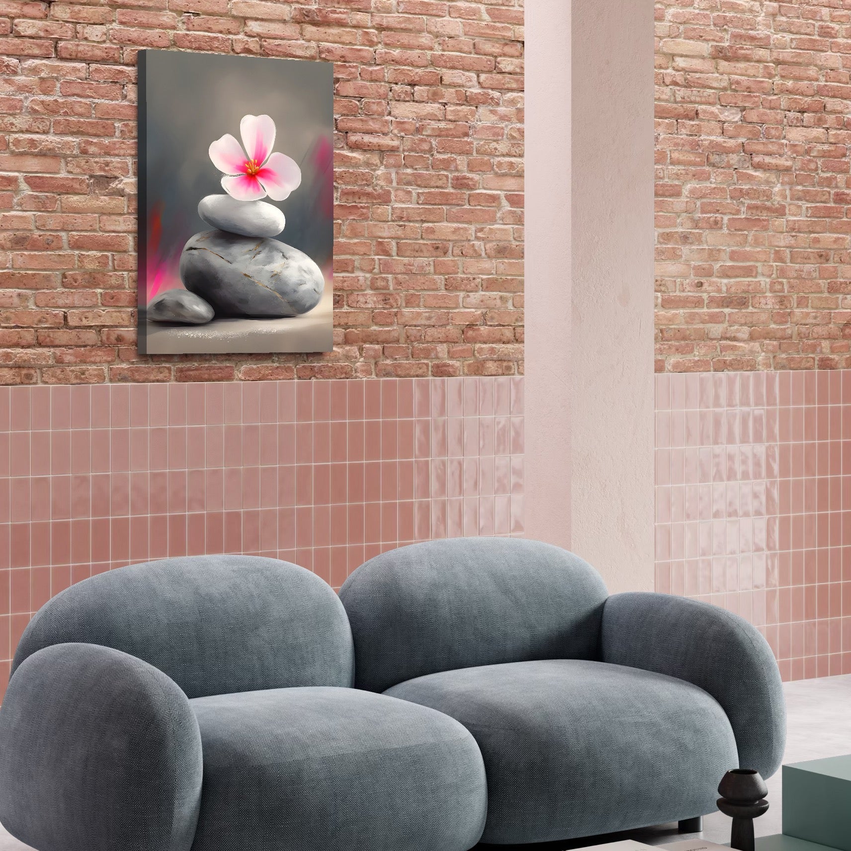 Imagine cu tablou canvas cu floare si pietre, tiparita pe panza canvas