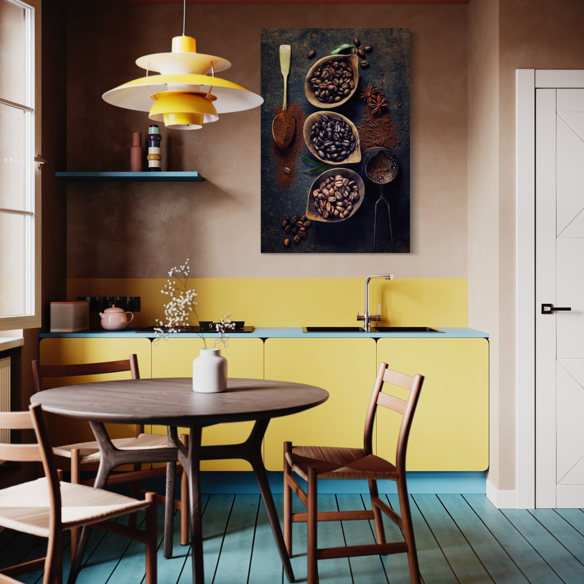 Tablou Canvas Premium LuxCanva® A1112, Arta Cafelei , Aroma Cafea, Lingura, Boabe Cafea, Culori Vibrante