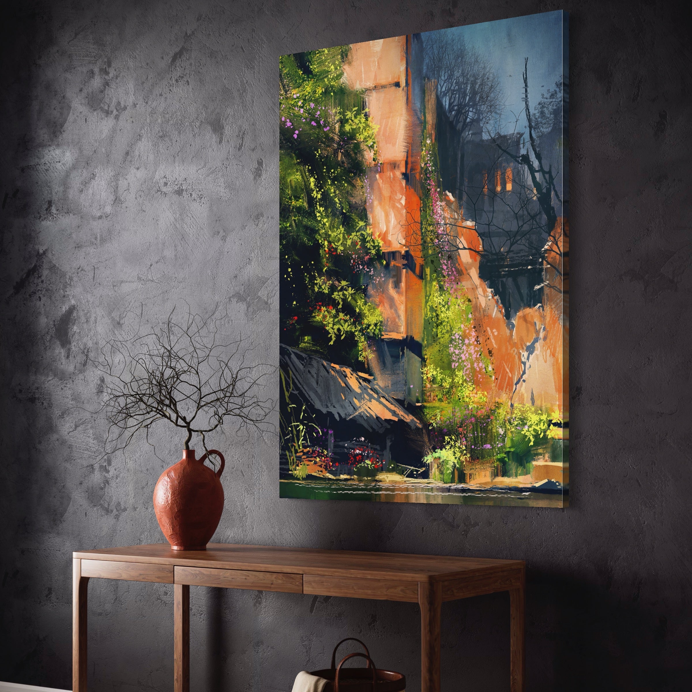 Tablou Canvas Premium LuxCanva® A1111, Flori Curgatoare , Oras Vechi, Casa, Lac, Culori Vibrante