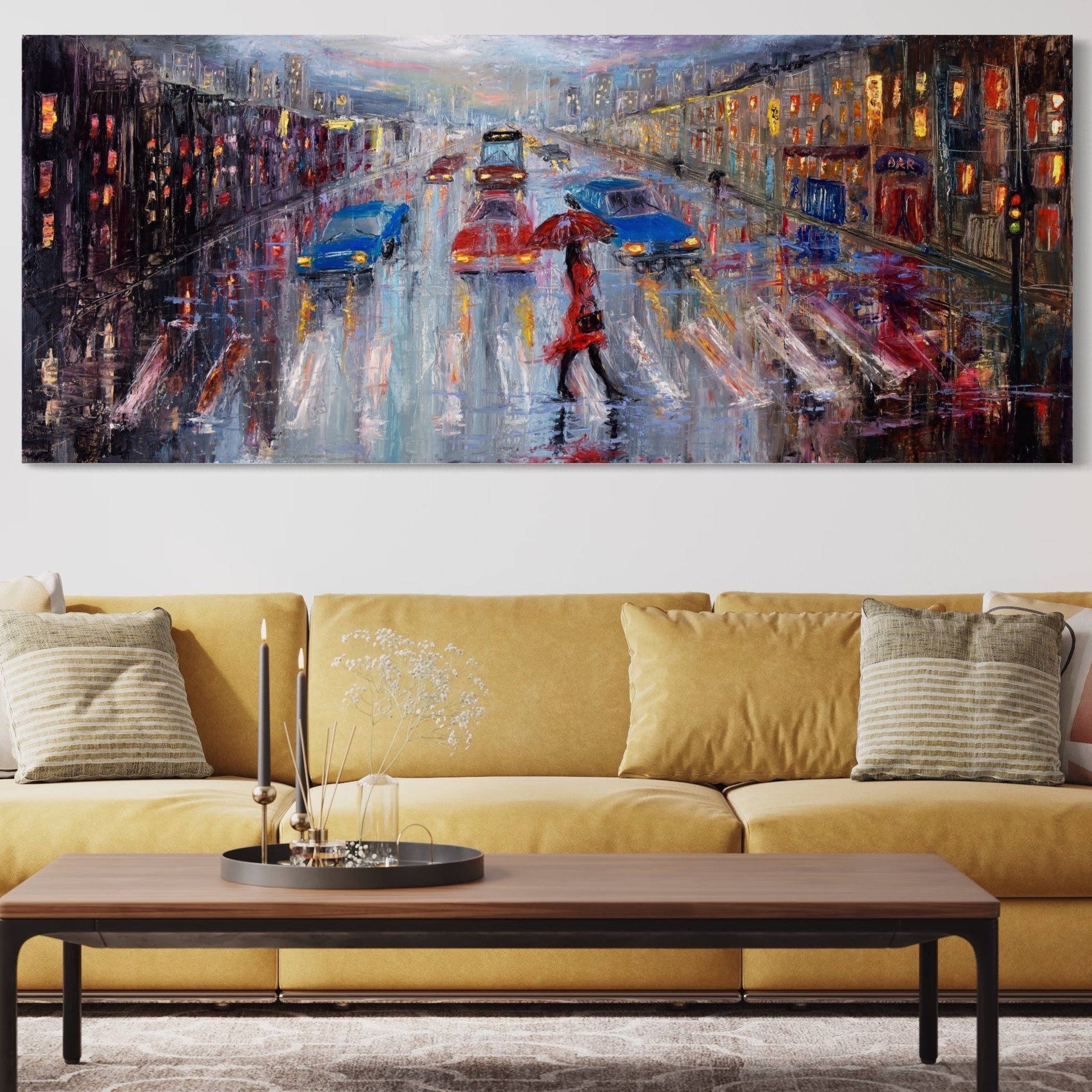 Tablou Canvas Premium LuxCanva® A1110, Oras In Ploaie , Oameni, Masini, Umbrela, Culori Vibrante