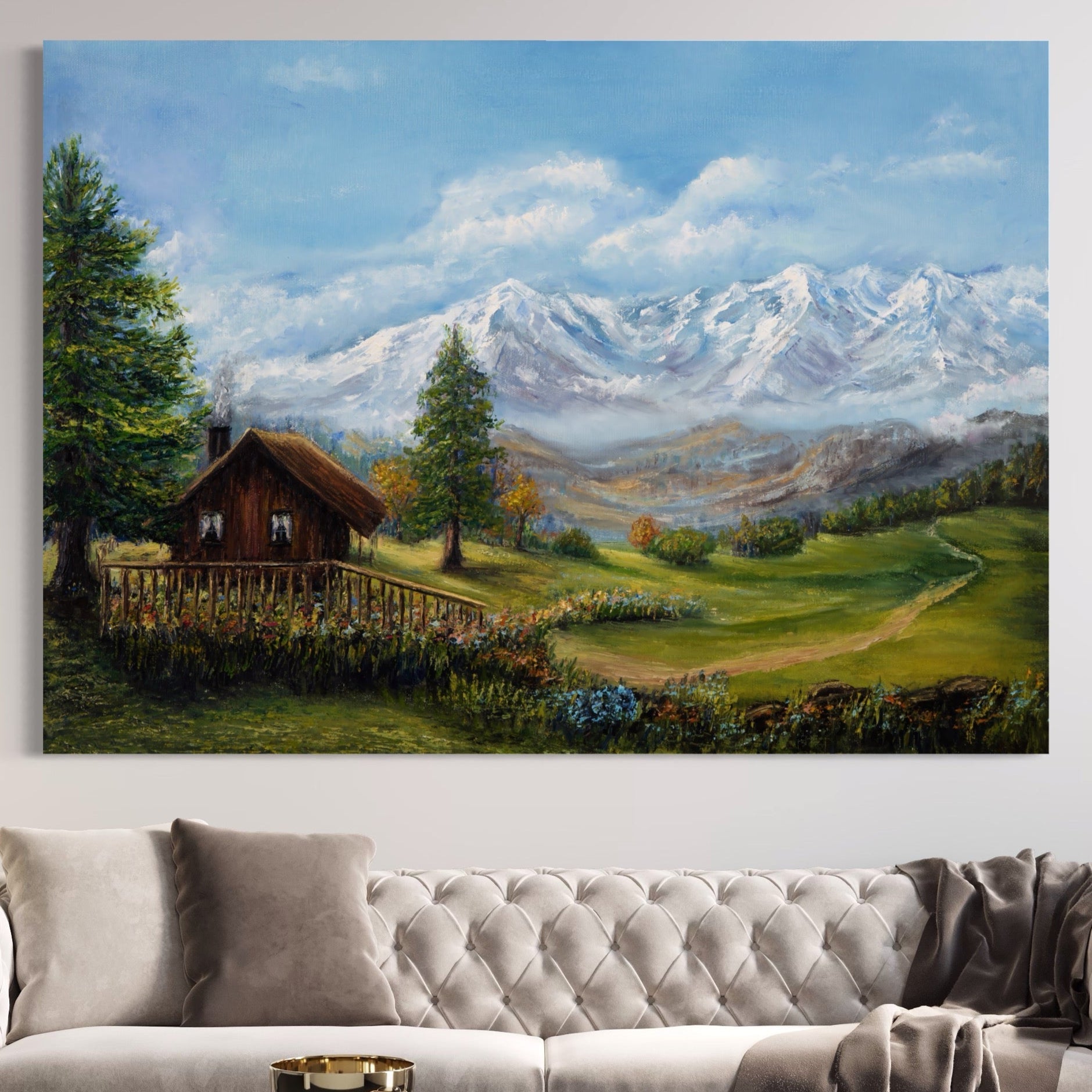 Tablou Canvas Premium LuxCanva® A1105, Cabana La Munte , Peisaj, Natura, Flori, Culori Vibrante