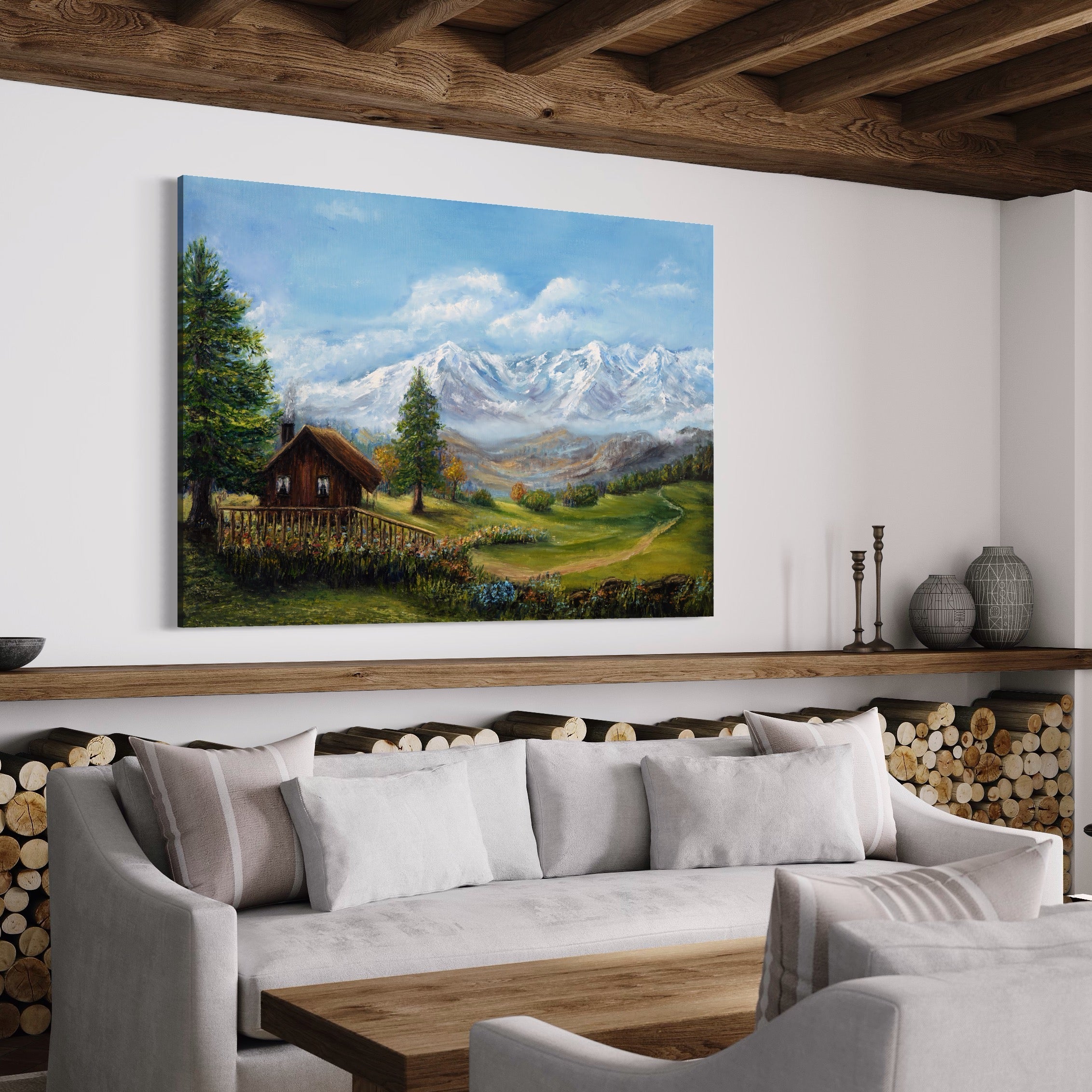 Tablou Canvas Premium LuxCanva® A1105, Cabana La Munte , Peisaj, Natura, Flori, Culori Vibrante